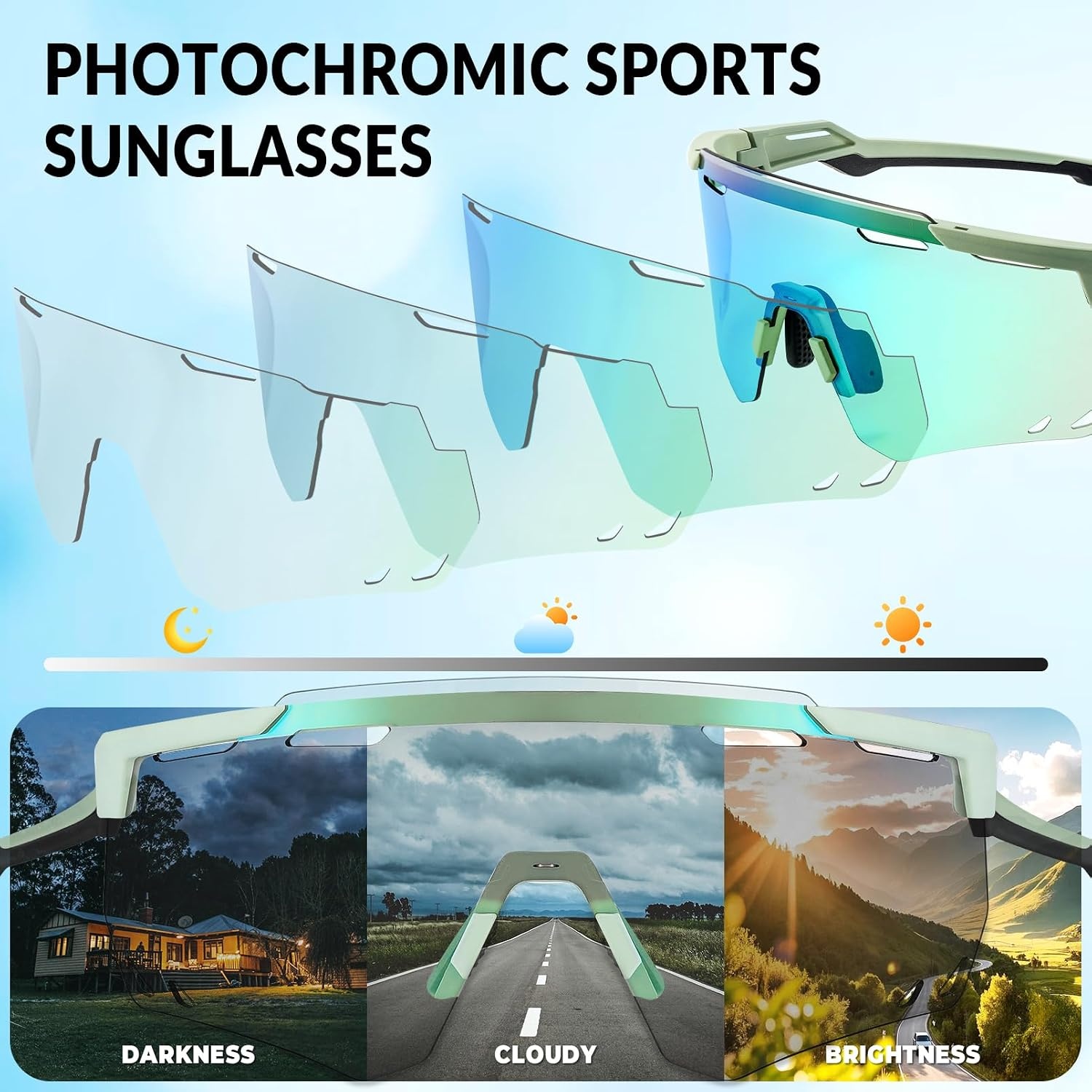 image:imageROCKBROS Cycling Glasses Photochromic Sports Sunglasses for Men Woman UV Protection Biking SunglassesA2 Photochromic Green Lens Green Frame