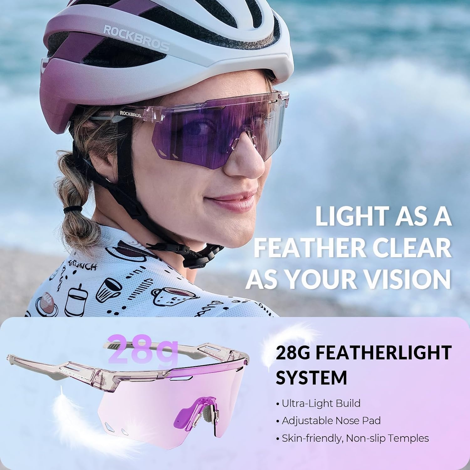image:imageROCKBROS Cycling Glasses Photochromic Sports Sunglasses for Men Woman UV Protection Biking SunglassesA3 Photochromic Purple Lens Glossy Transparent Purple Frame