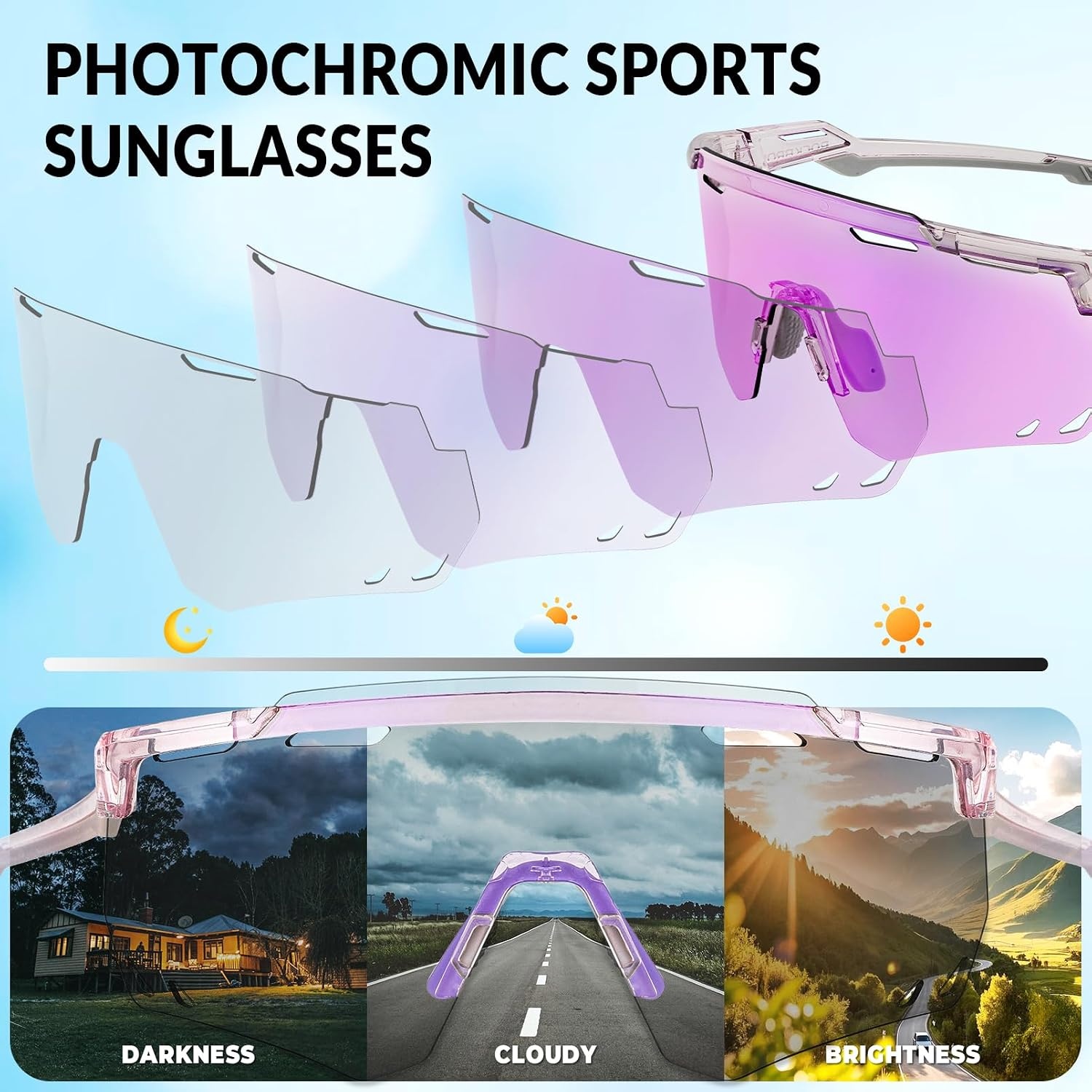 image:imageROCKBROS Cycling Glasses Photochromic Sports Sunglasses for Men Woman UV Protection Biking SunglassesA3 Photochromic Purple Lens Glossy Transparent Purple Frame