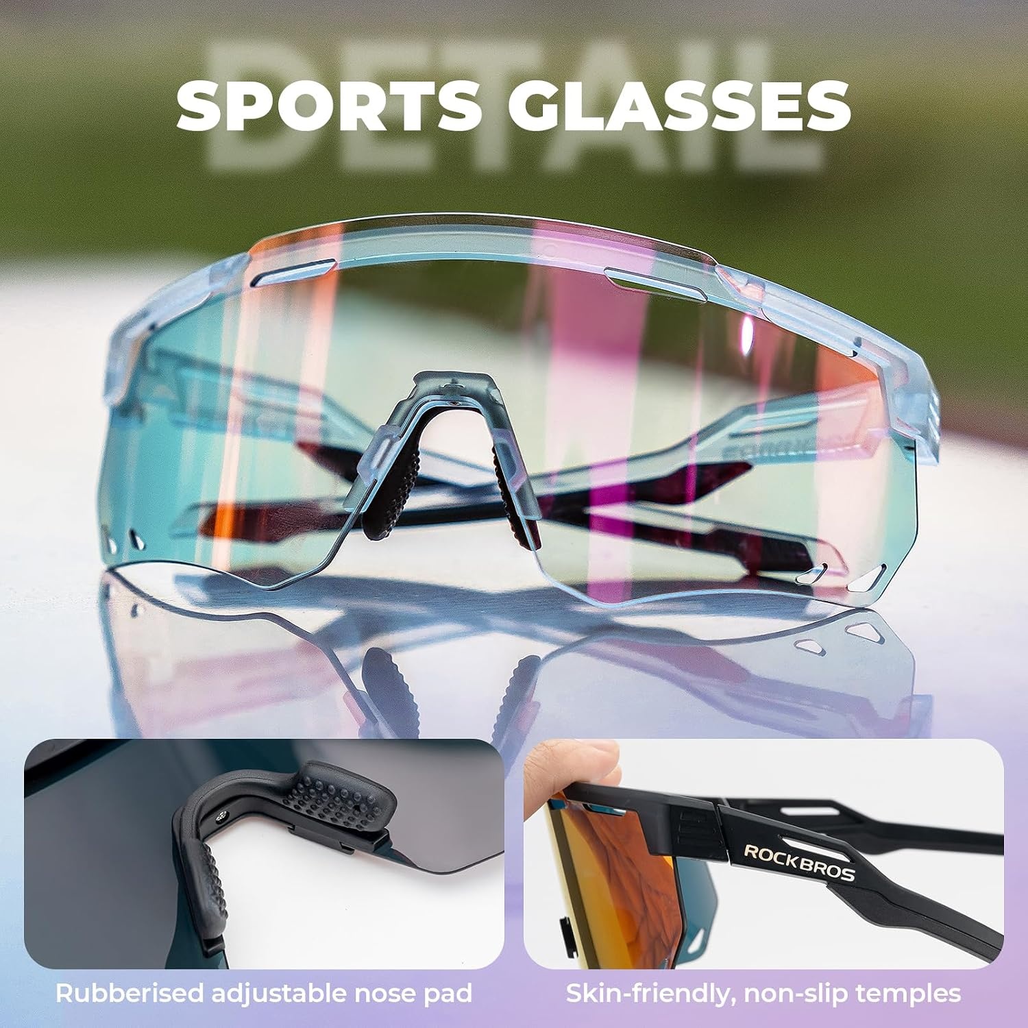 image:imageROCKBROS Cycling Glasses Photochromic Sports Sunglasses for Men Woman UV Protection Biking SunglassesA3 Photochromic Purple Lens Glossy Transparent Purple Frame