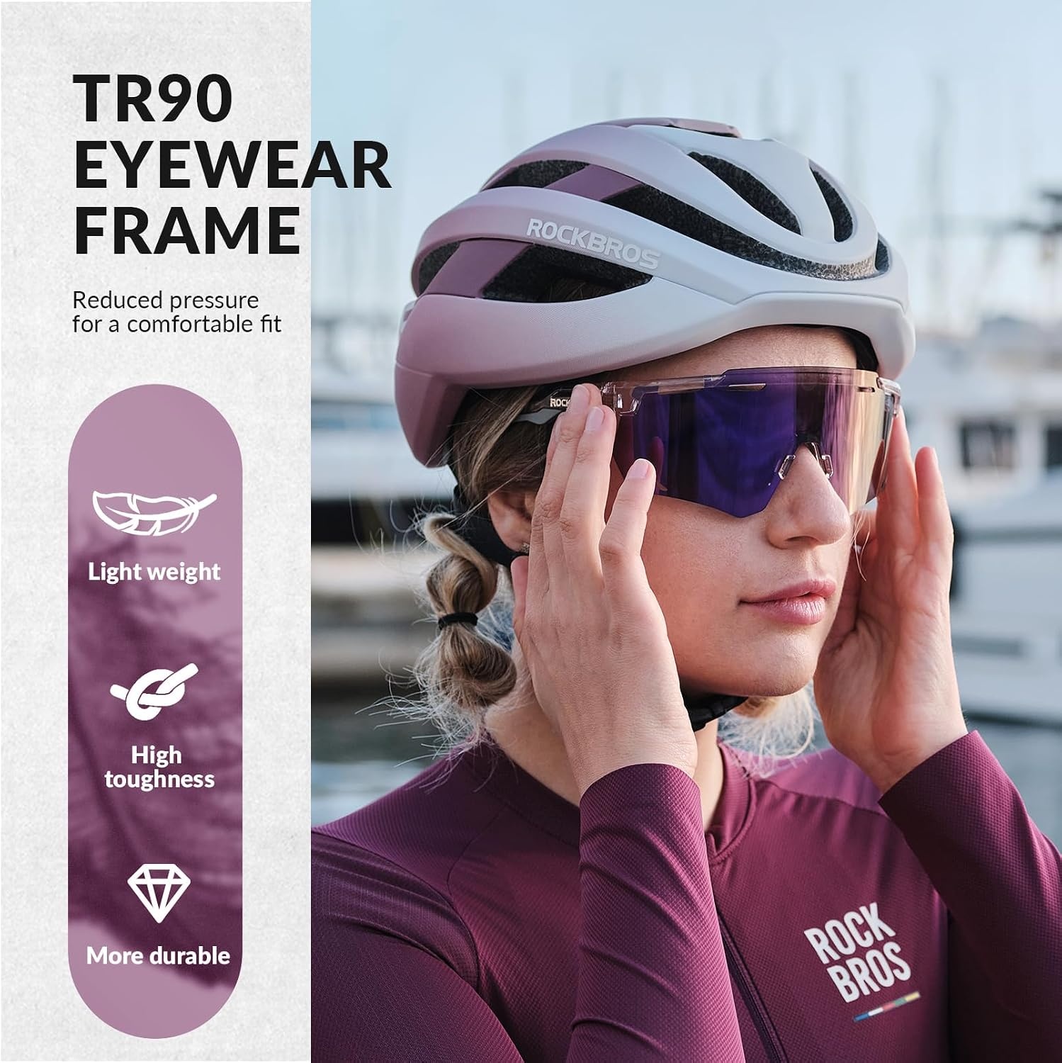image:imageROCKBROS Cycling Glasses Photochromic Sports Sunglasses for Men Woman UV Protection Biking SunglassesA3 Photochromic Purple Lens Glossy Transparent Purple Frame