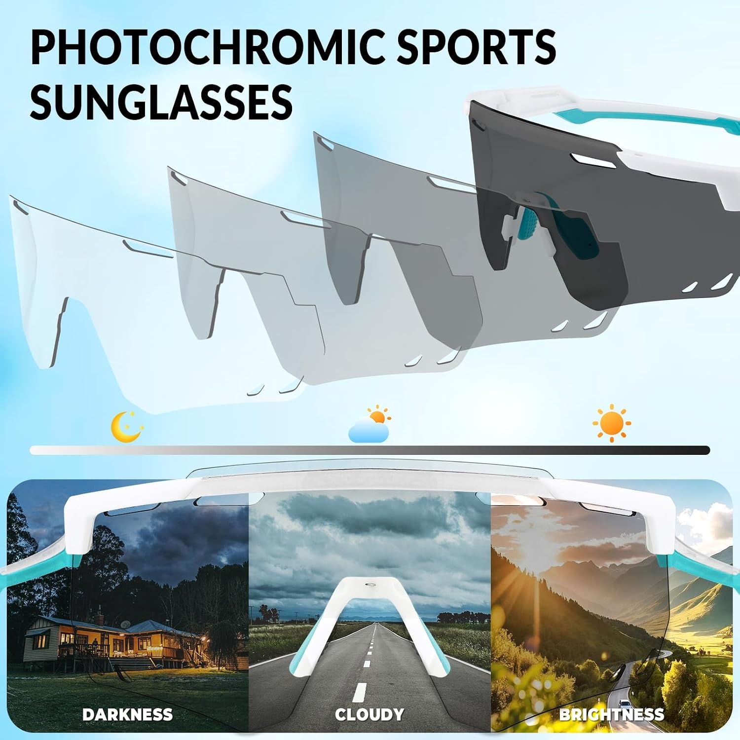 image:imageROCKBROS Cycling Glasses Photochromic Sports Sunglasses for Men Woman UV Protection Biking SunglassesA4 Photochromic Transparent Lens Matte White Frame