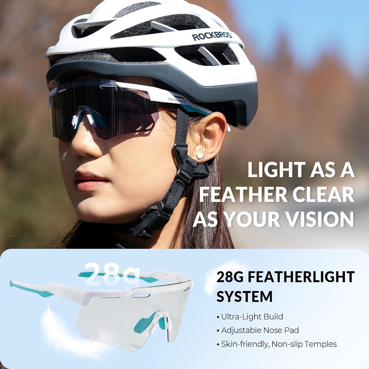image:imageROCKBROS Cycling Glasses Photochromic Sports Sunglasses for Men Woman UV Protection Biking SunglassesA4 Photochromic Transparent Lens Matte White Frame