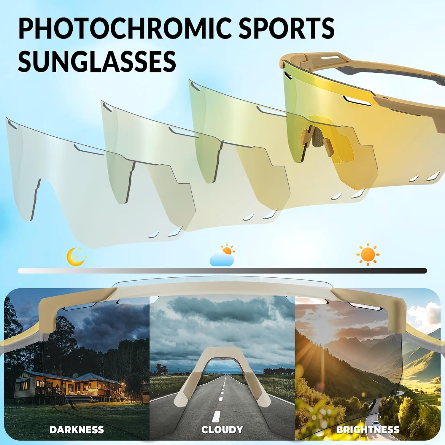 image:imageROCKBROS Cycling Glasses Photochromic Sports Sunglasses for Men Woman UV Protection Biking SunglassesA5 Photochromic Gold Lens Matte Yellow Frame