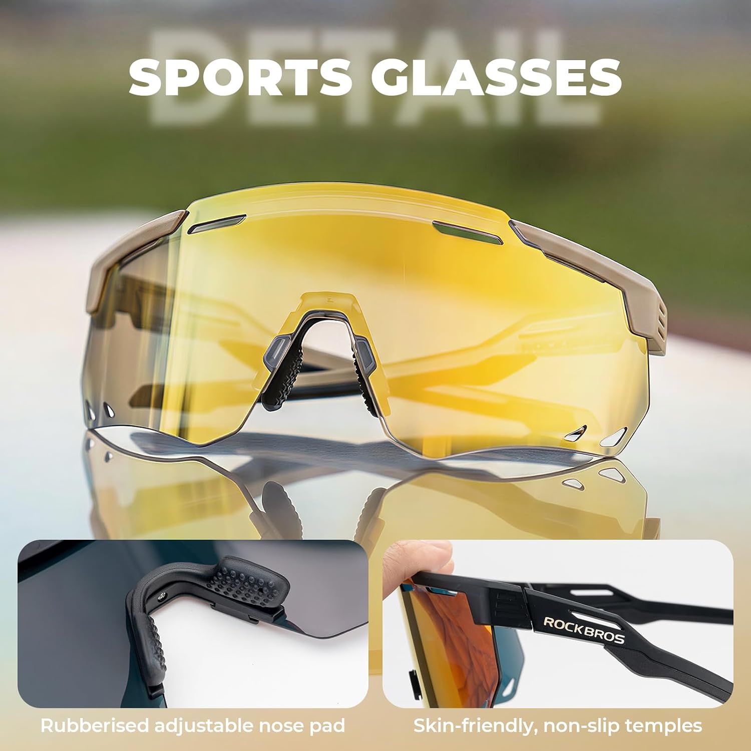 image:imageROCKBROS Cycling Glasses Photochromic Sports Sunglasses for Men Woman UV Protection Biking SunglassesA5 Photochromic Gold Lens Matte Yellow Frame