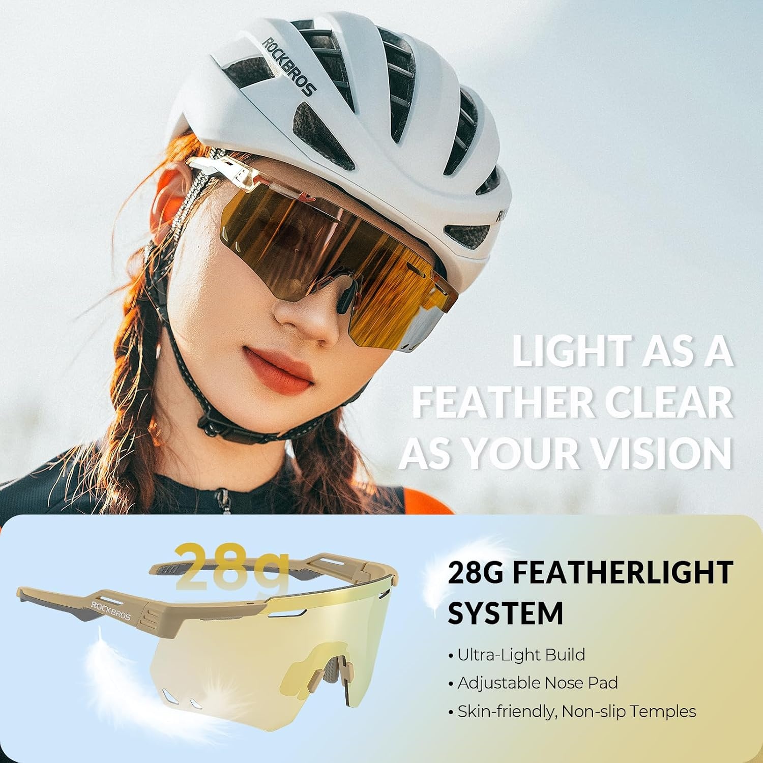 image:imageROCKBROS Cycling Glasses Photochromic Sports Sunglasses for Men Woman UV Protection Biking SunglassesA5 Photochromic Gold Lens Matte Yellow Frame