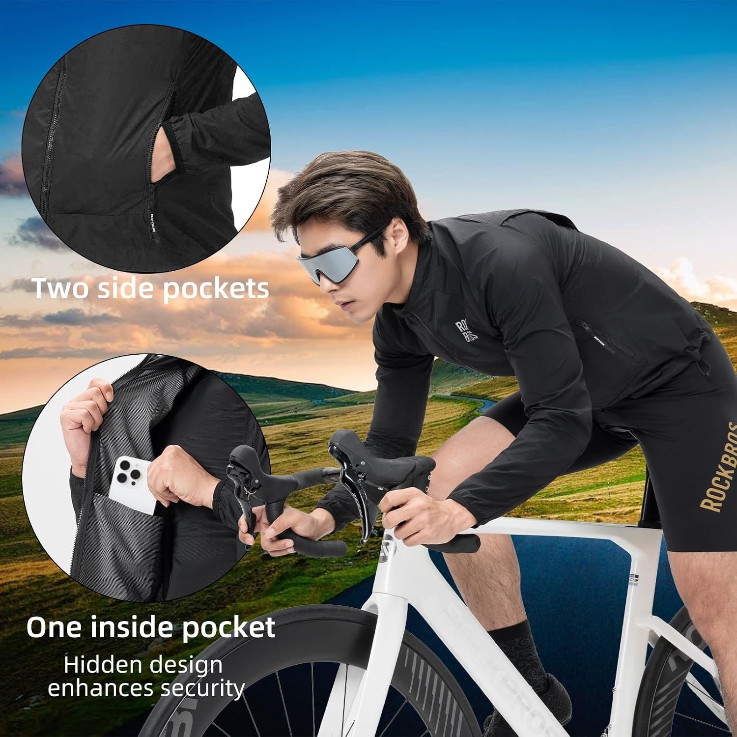image:imageROCKBROS Cycling Jackets for Men Breathable Cooling Lightweight Long Sleeve Cycling Jersey Running Cycling WindbreakerBlack
