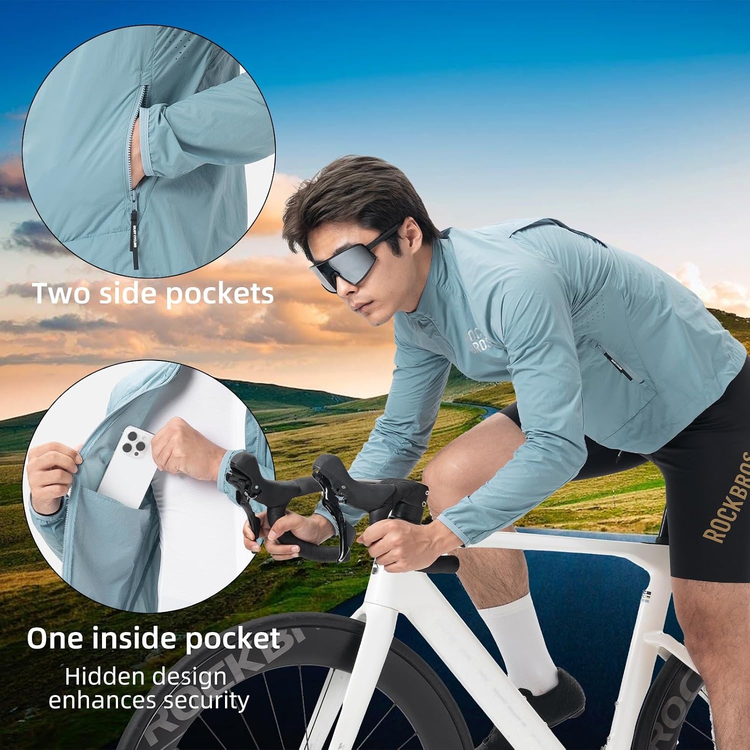 image:imageROCKBROS Cycling Jackets for Men Breathable Cooling Lightweight Long Sleeve Cycling Jersey Running Cycling WindbreakerHarbor Blue