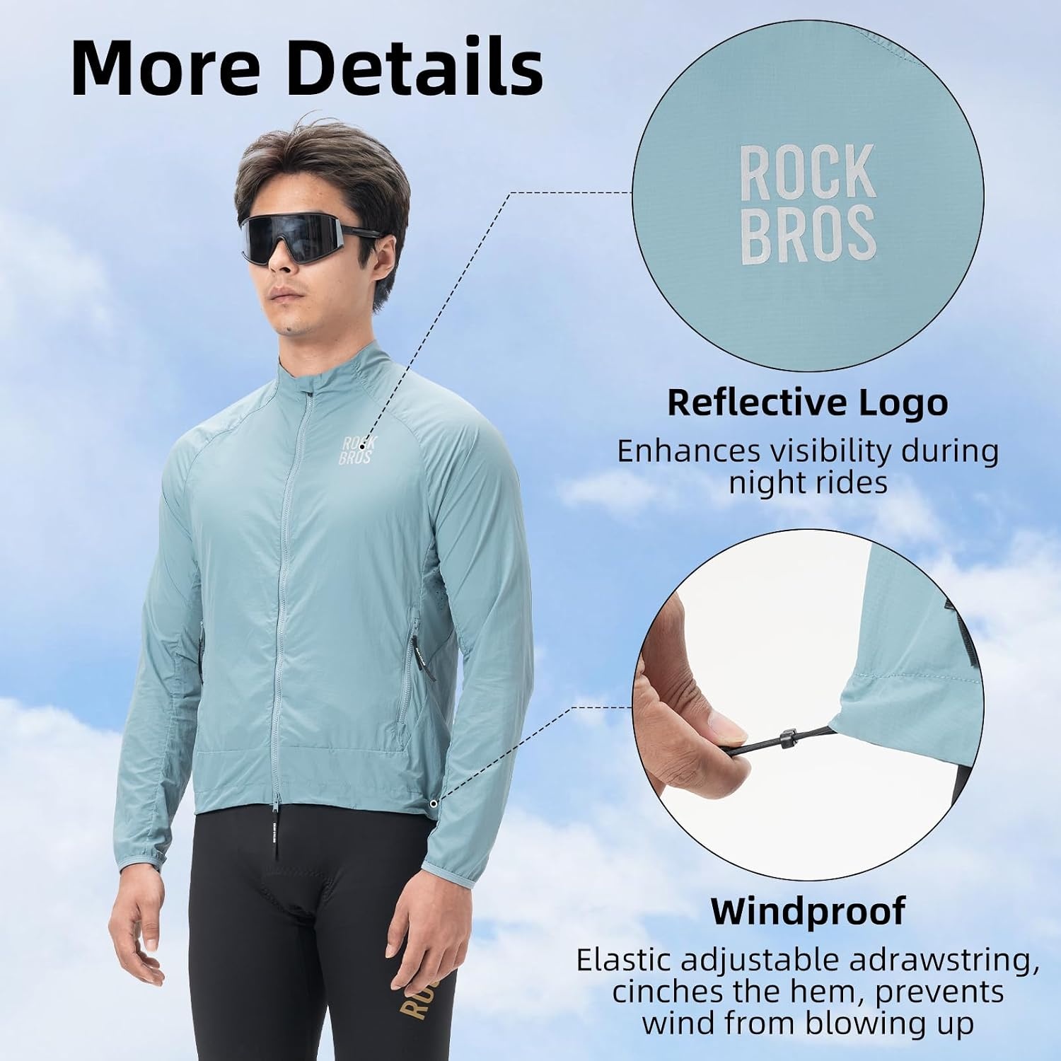 image:imageROCKBROS Cycling Jackets for Men Breathable Cooling Lightweight Long Sleeve Cycling Jersey Running Cycling WindbreakerHarbor Blue