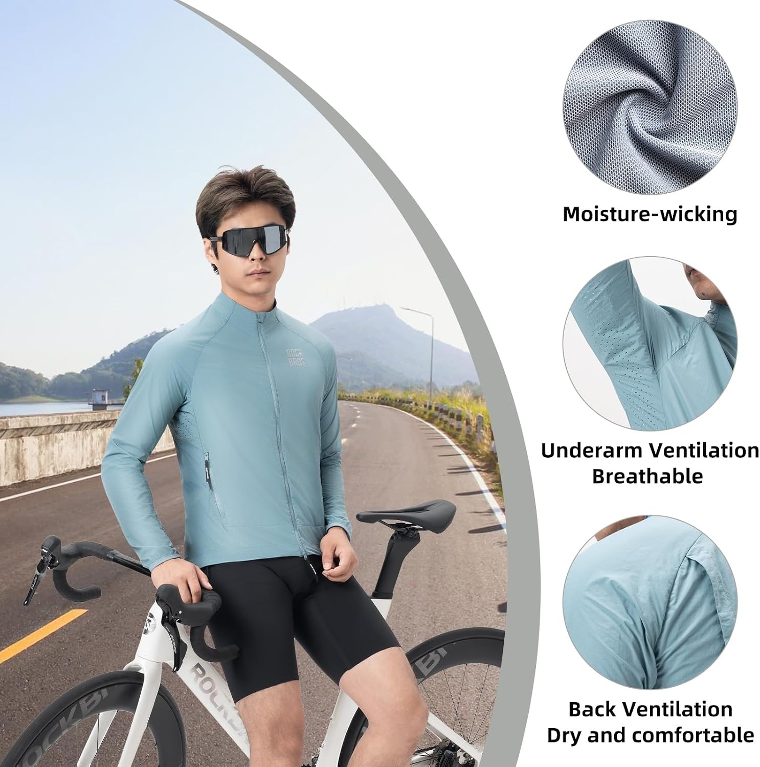 image:imageROCKBROS Cycling Jackets for Men Breathable Cooling Lightweight Long Sleeve Cycling Jersey Running Cycling WindbreakerHarbor Blue