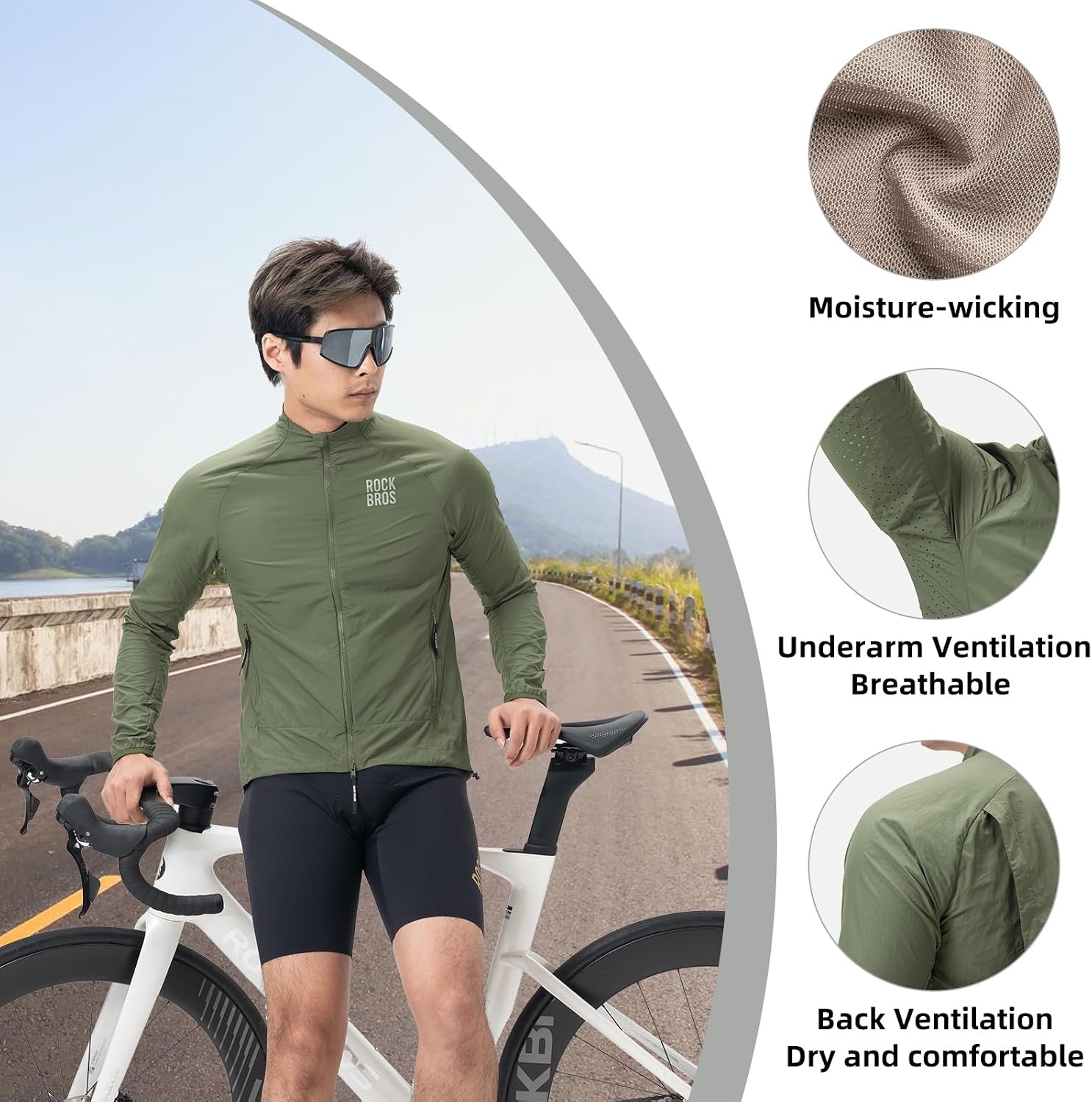 image:imageROCKBROS Cycling Jackets for Men Breathable Cooling Lightweight Long Sleeve Cycling Jersey Running Cycling WindbreakerOlive Green