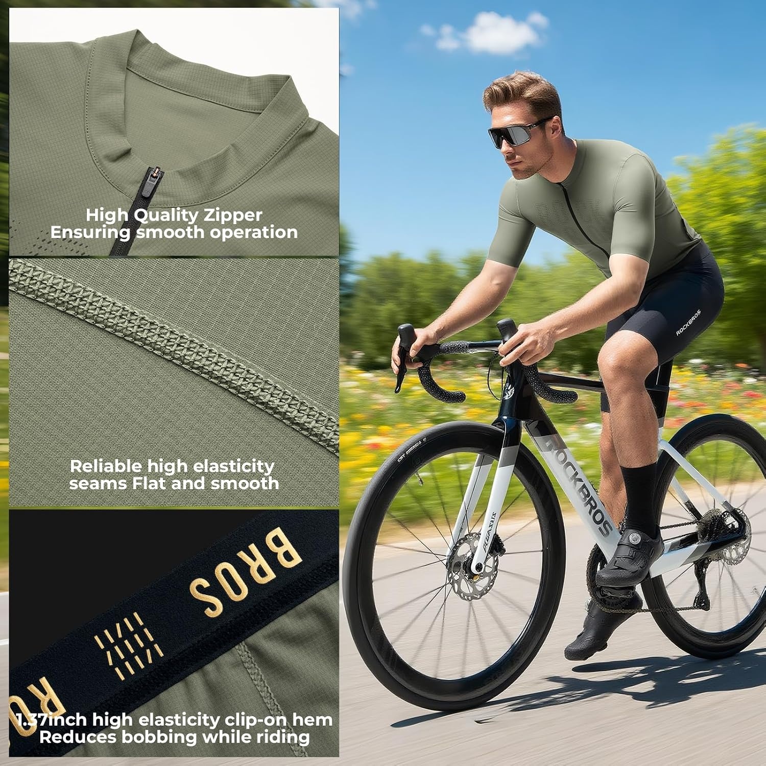 image:imageROCKBROS Cycling Jersey Men Bike Jersey Short Sleeve with Zipper Pocket Breathable QuickDrying Road Mountain RunningKhaki