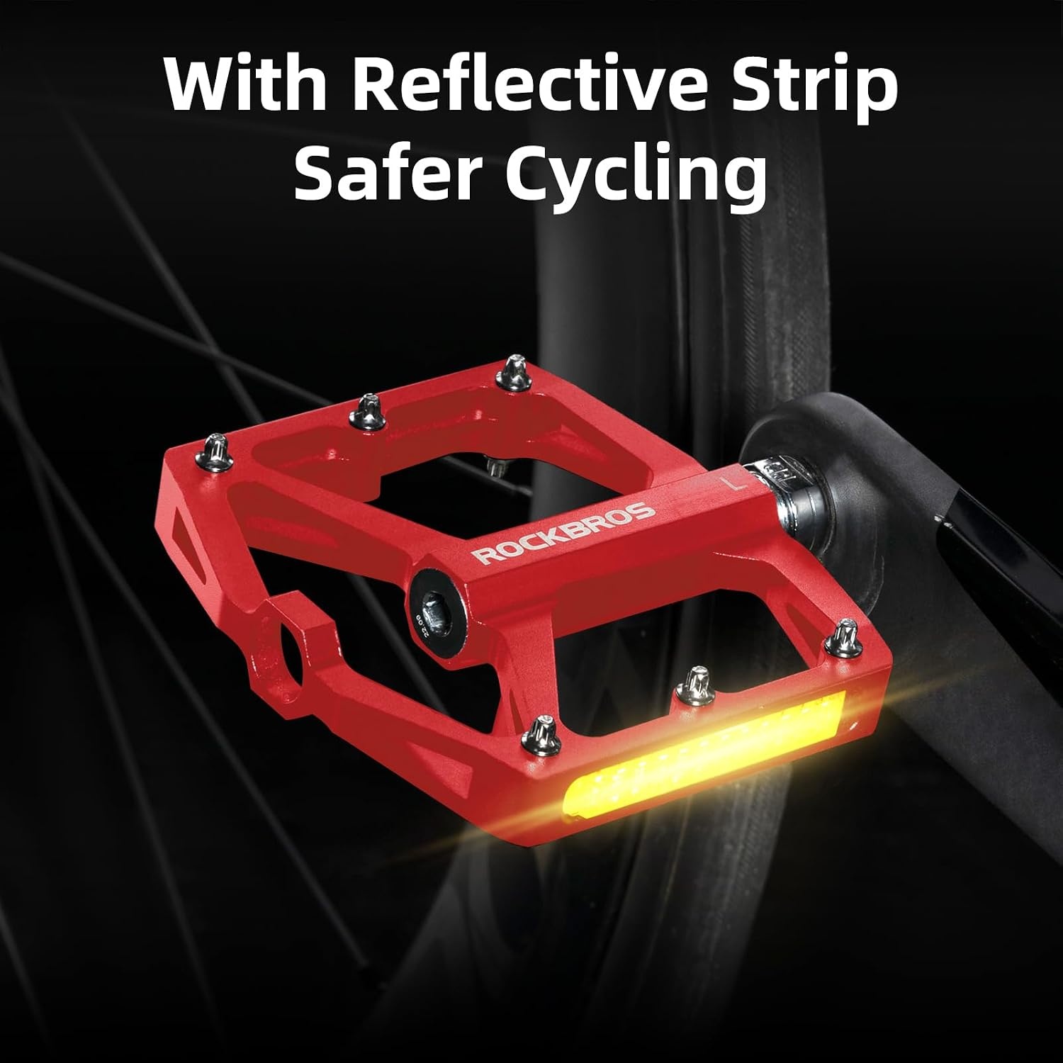 image:imageROCKBROS Mountain Bike Pedals MTB Pedals Bicycle Flat Pedals Aluminum 916 Sealed Bearing Lightweight Platform for Road Mountain BMX MTB BikeReflective PedalsRed