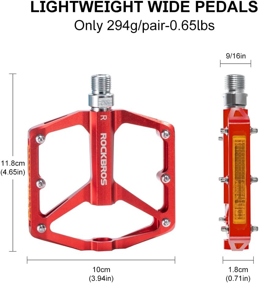 image:imageROCKBROS Mountain Bike Pedals MTB Pedals Bicycle Flat Pedals Aluminum 916 Sealed Bearing Lightweight Platform for Road Mountain BMX MTB BikeReflective PedalsRed