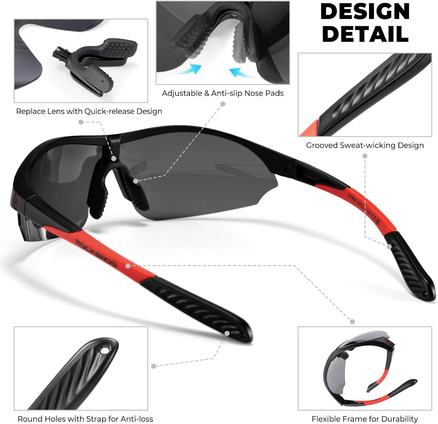 image:imageROCKBROS Polarized Sports Sunglasses with 3 Interchangeable Lens ANSI Z871 Safety Sun Glasses for Men Women CyclingGray Polarized Lens Black Red Frame