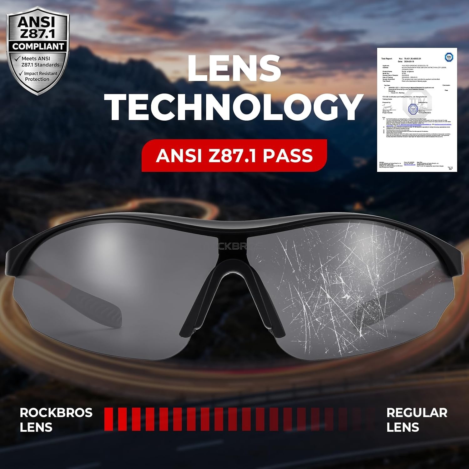 image:imageROCKBROS Polarized Sports Sunglasses with 3 Interchangeable Lens ANSI Z871 Safety Sun Glasses for Men Women CyclingGray Polarized Lens Black Red Frame
