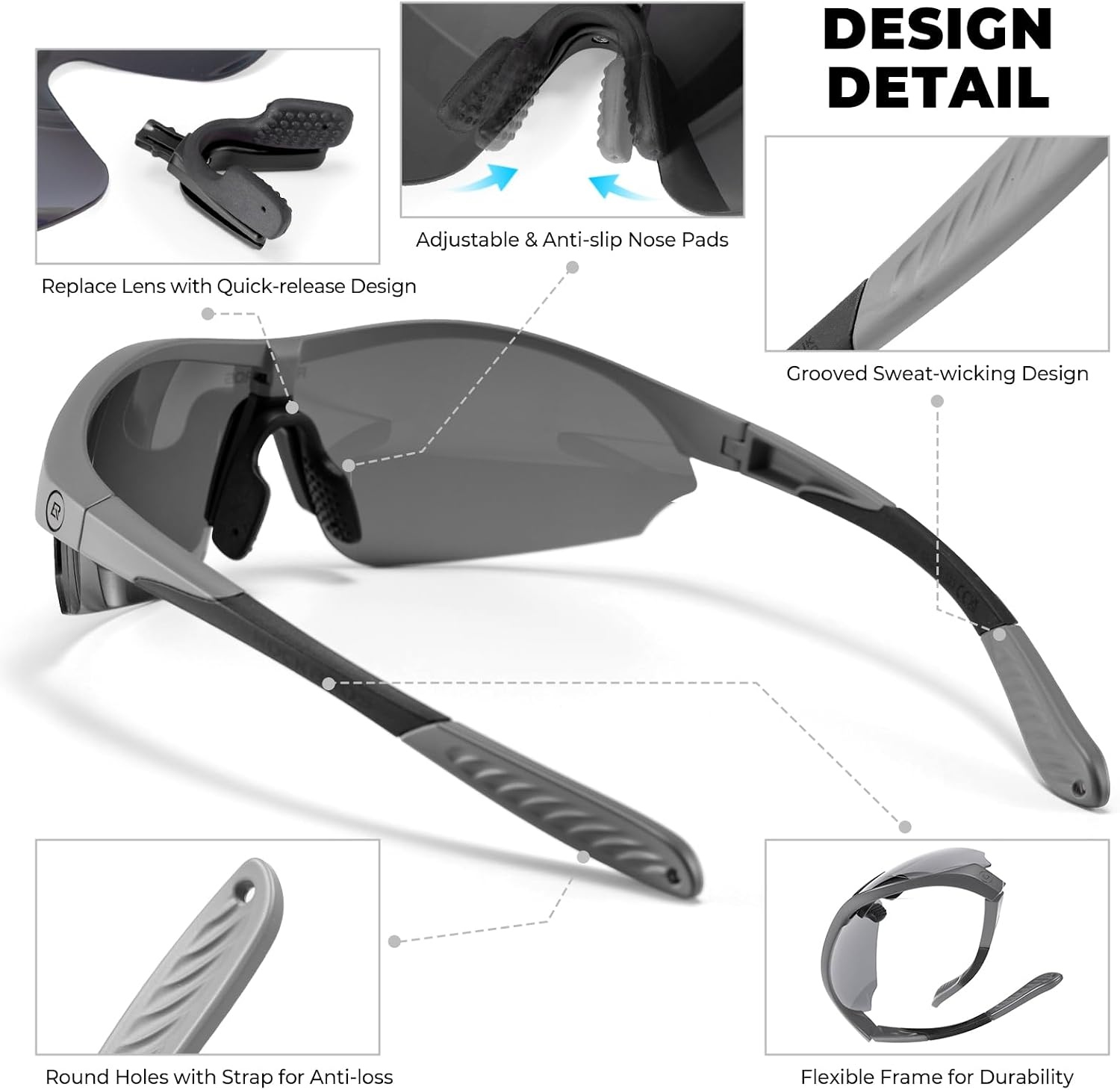 image:imageROCKBROS Polarized Sports Sunglasses with 3 Interchangeable Lens ANSI Z871 Safety Sun Glasses for Men Women CyclingGray Polarized Lens Gray Frame