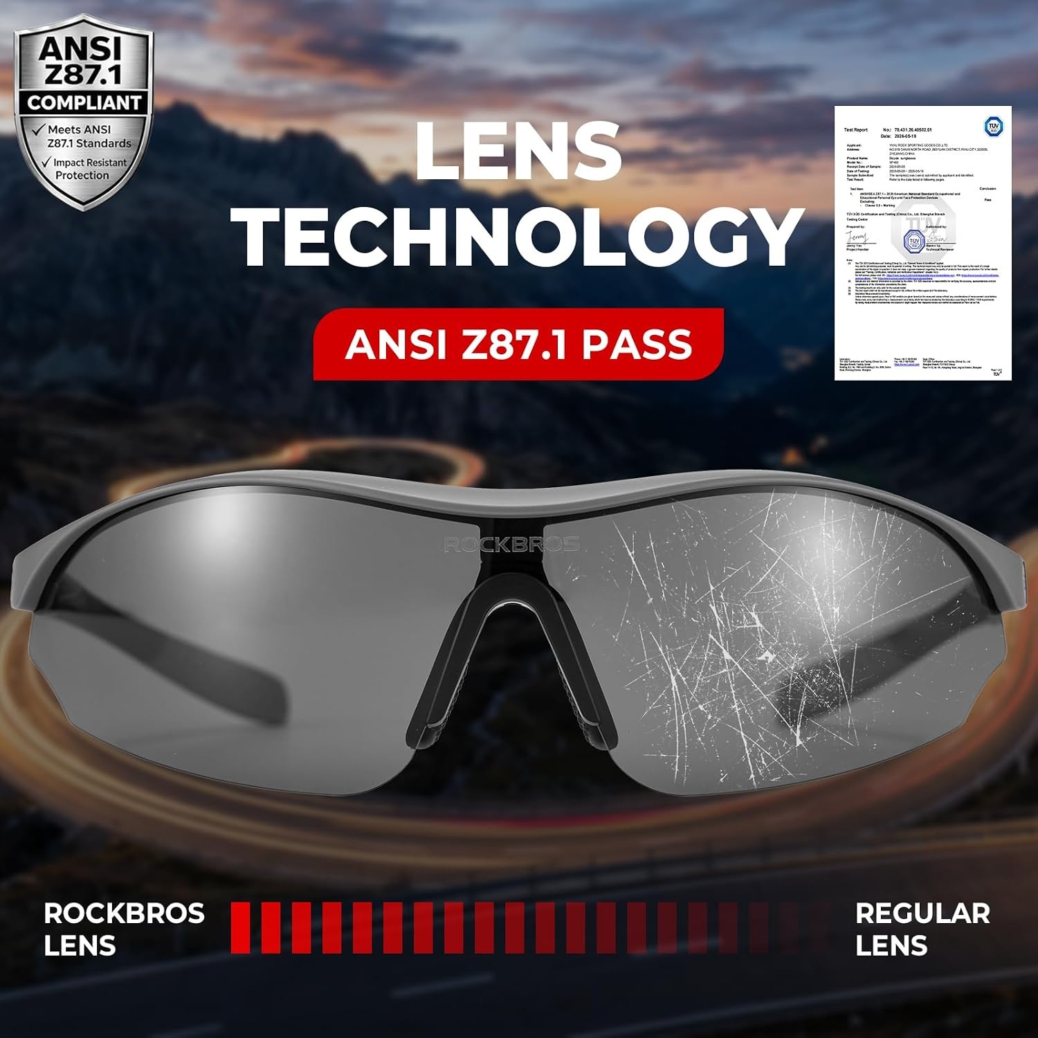 image:imageROCKBROS Polarized Sports Sunglasses with 3 Interchangeable Lens ANSI Z871 Safety Sun Glasses for Men Women CyclingGray Polarized Lens Gray Frame