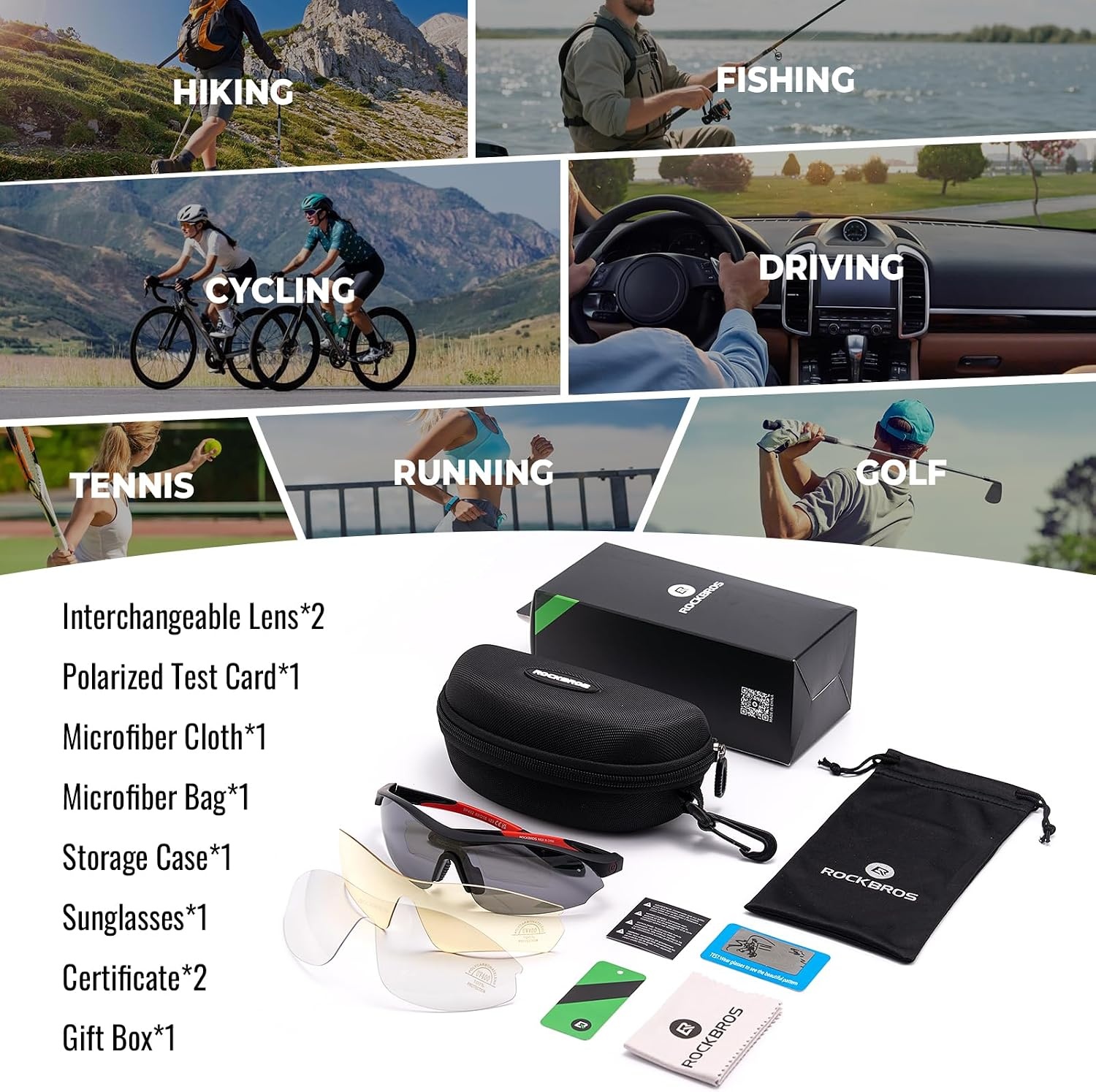 image:imageROCKBROS Polarized Sports Sunglasses with 3 Interchangeable Lens ANSI Z871 Safety Sun Glasses for Men Women CyclingGray Polarized Lens White Frame