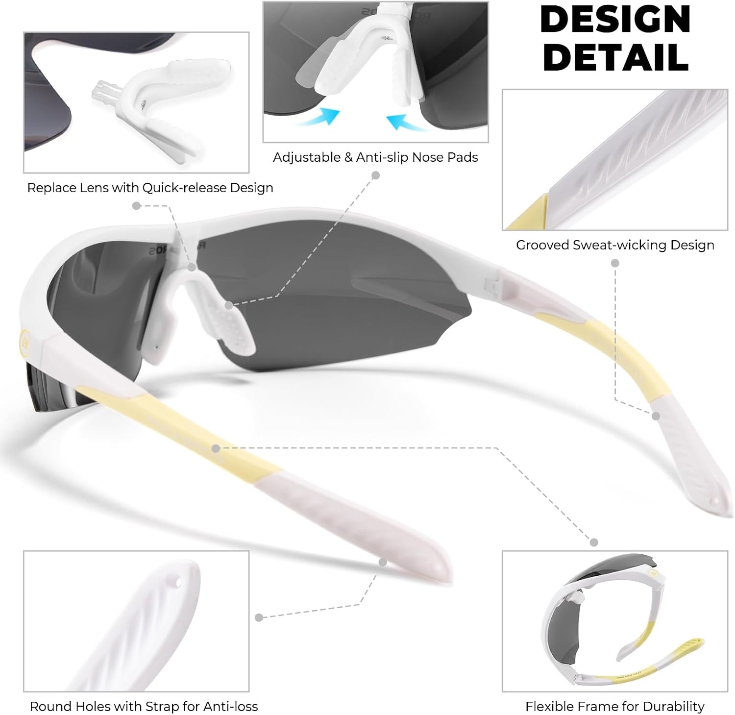 image:imageROCKBROS Polarized Sports Sunglasses with 3 Interchangeable Lens ANSI Z871 Safety Sun Glasses for Men Women CyclingGray Polarized Lens White Frame