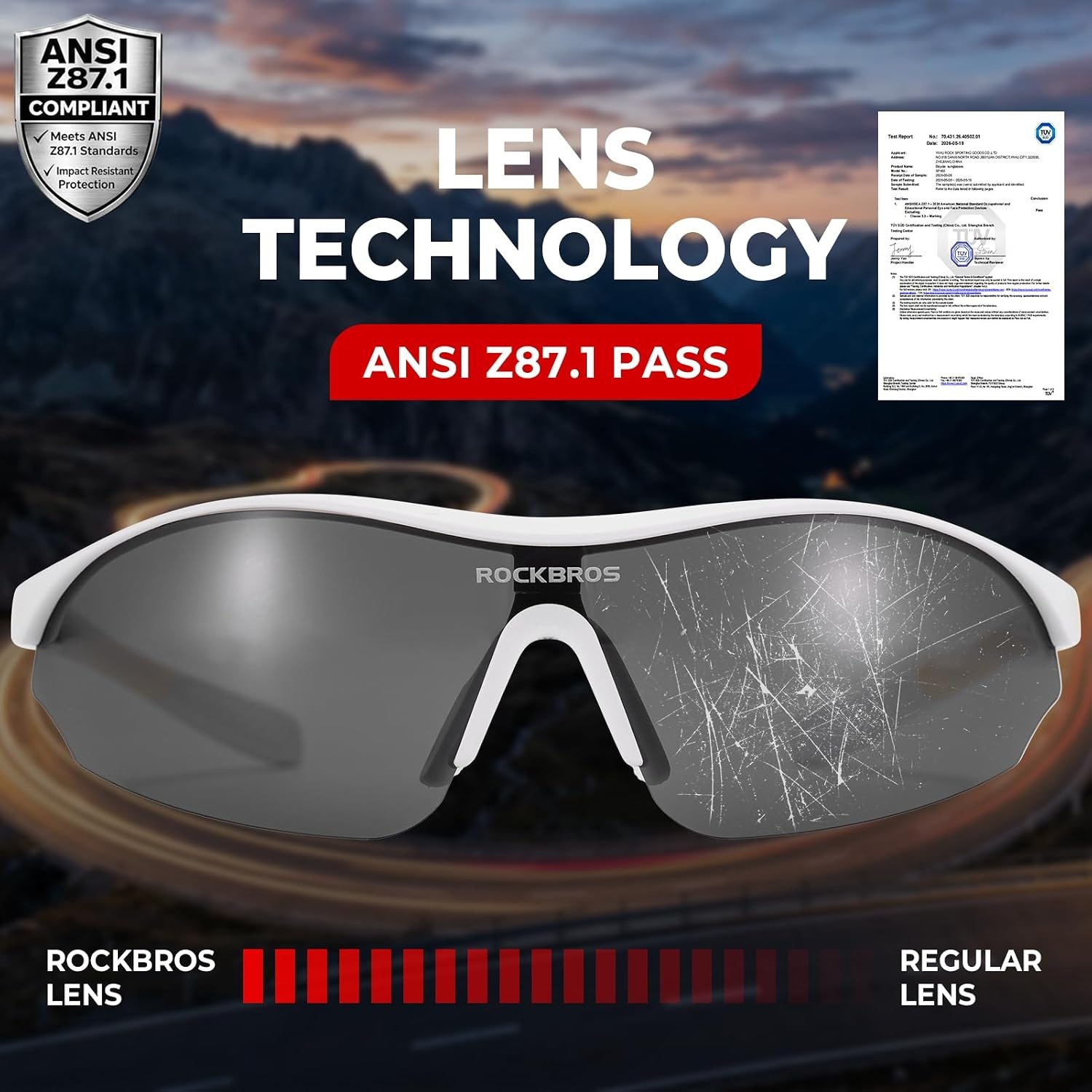 image:imageROCKBROS Polarized Sports Sunglasses with 3 Interchangeable Lens ANSI Z871 Safety Sun Glasses for Men Women CyclingGray Polarized Lens White Frame