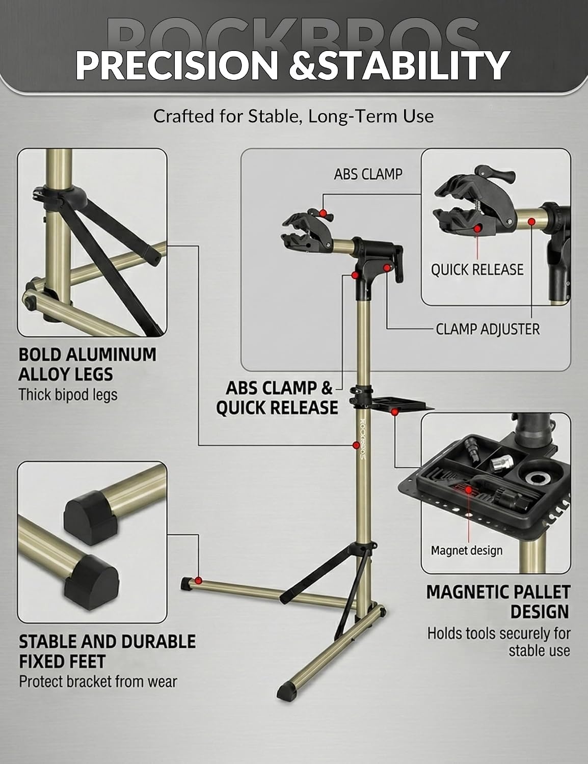 image:imageROCKBROS Heavy Duty Bicycle amp Ebike Aluminum Repair StandMax 80 lbs Professional Bike Mechanic Workstand for Indoor or Outside Mountain and Road Bike MaintenanceWith a AntiShake Fixing Rod
