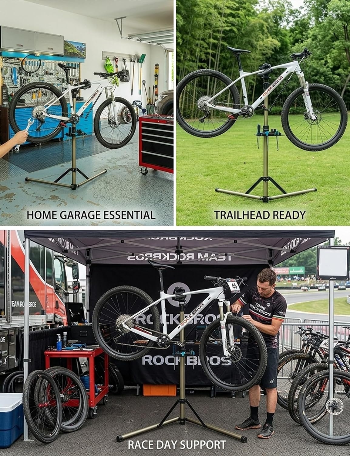 image:imageROCKBROS Heavy Duty Bicycle amp Ebike Aluminum Repair StandMax 80 lbs Professional Bike Mechanic Workstand for Indoor or Outside Mountain and Road Bike MaintenanceWith a AntiShake Fixing Rod