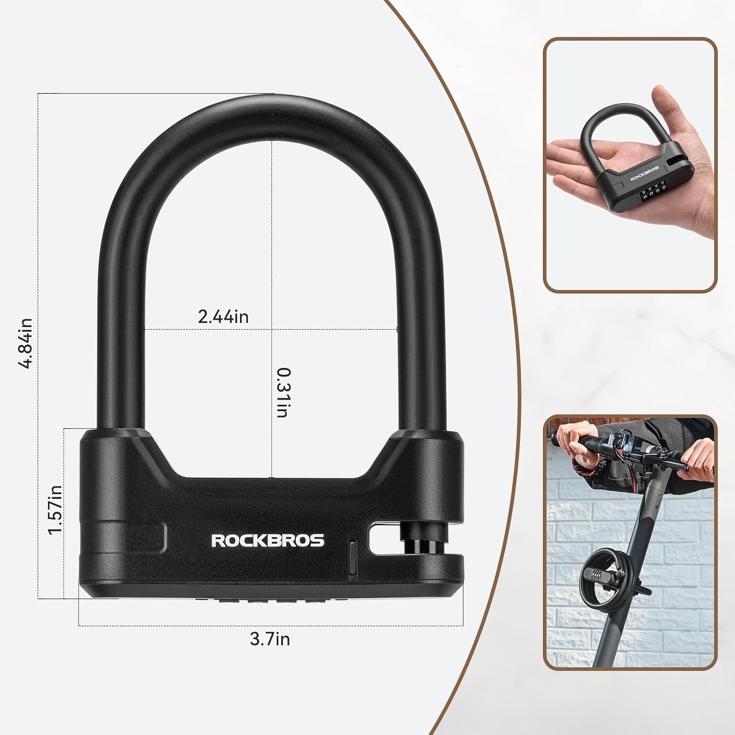 image:imageROCKBROS Scooter Lock Bike U Lock with Cable 4 Digit Combination Lock Portable AntiTheft Heavy Duty Bicycle Lock for Scooter Bike Bicycle Motorcycle