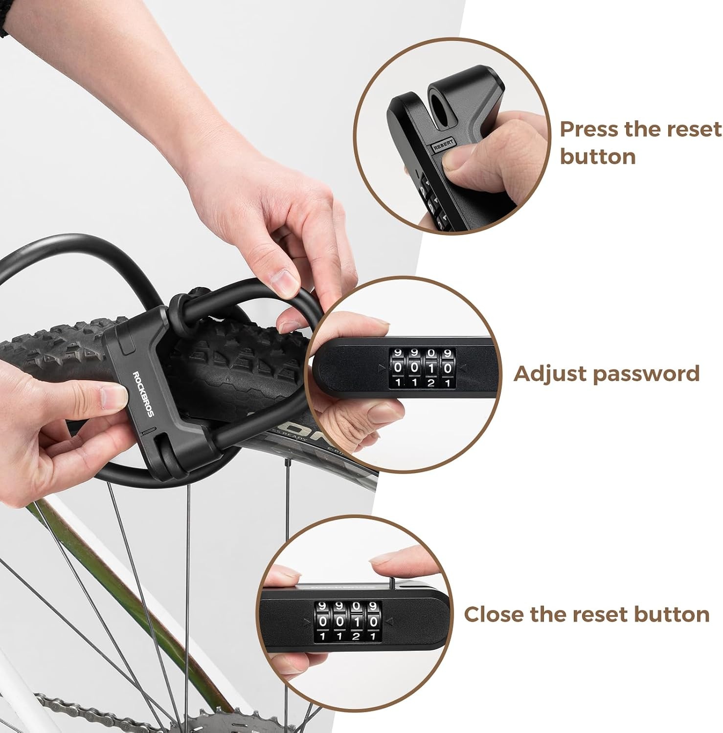 image:imageROCKBROS Scooter Lock Bike U Lock with Cable 4 Digit Combination Lock Portable AntiTheft Heavy Duty Bicycle Lock for Scooter Bike Bicycle Motorcycle