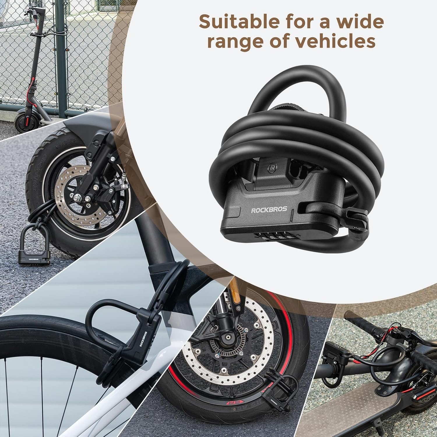 image:imageROCKBROS Scooter Lock Bike U Lock with Cable 4 Digit Combination Lock Portable AntiTheft Heavy Duty Bicycle Lock for Scooter Bike Bicycle Motorcycle