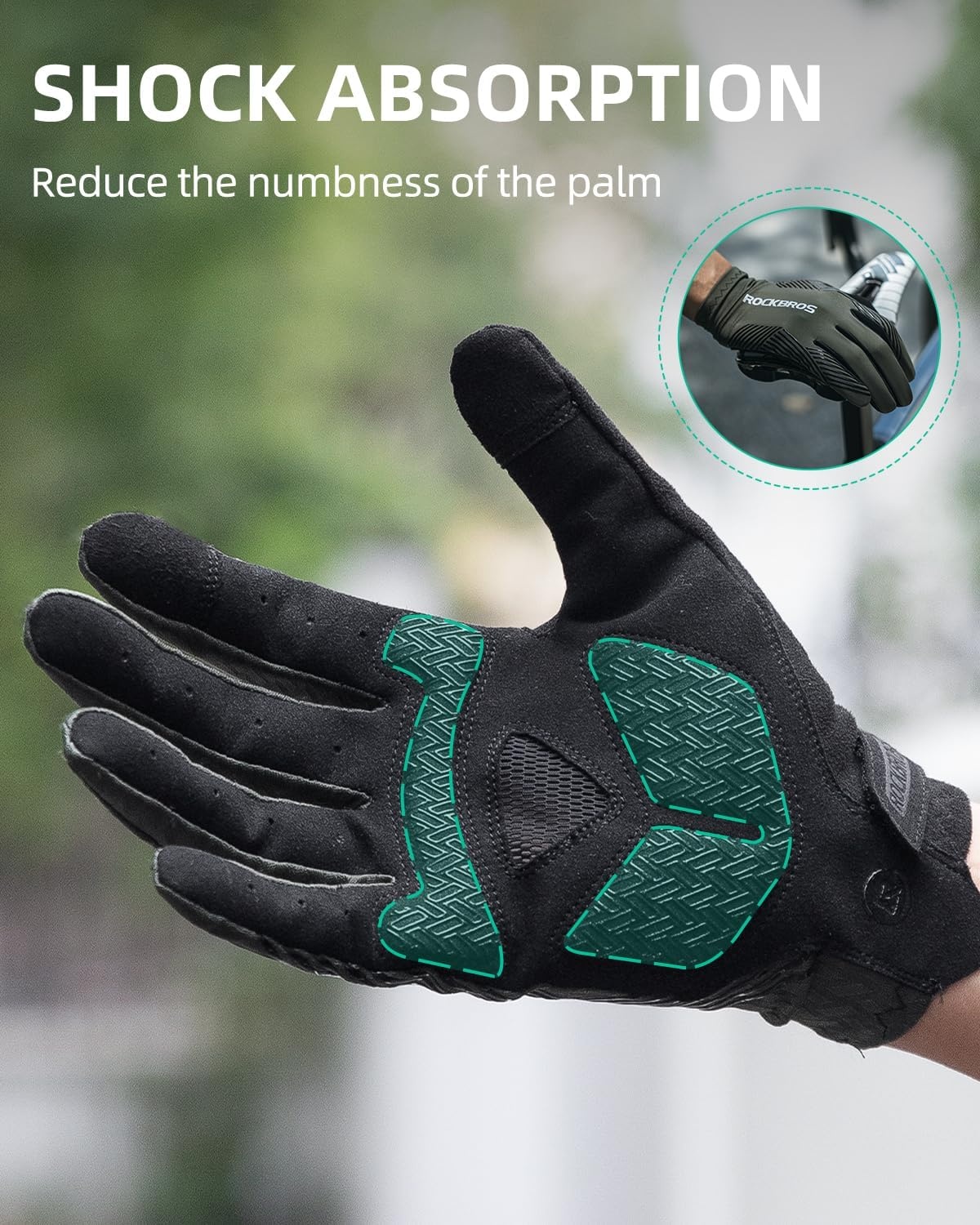 image:imageROCKBROS Cycling Gloves AntiSlip Full Finger SBR Pad ShockAbsorbing Mountain Bike GlovesBreathable Holes Keep Hands Dry Fits Road Trail OffRoad RidingGrey Green