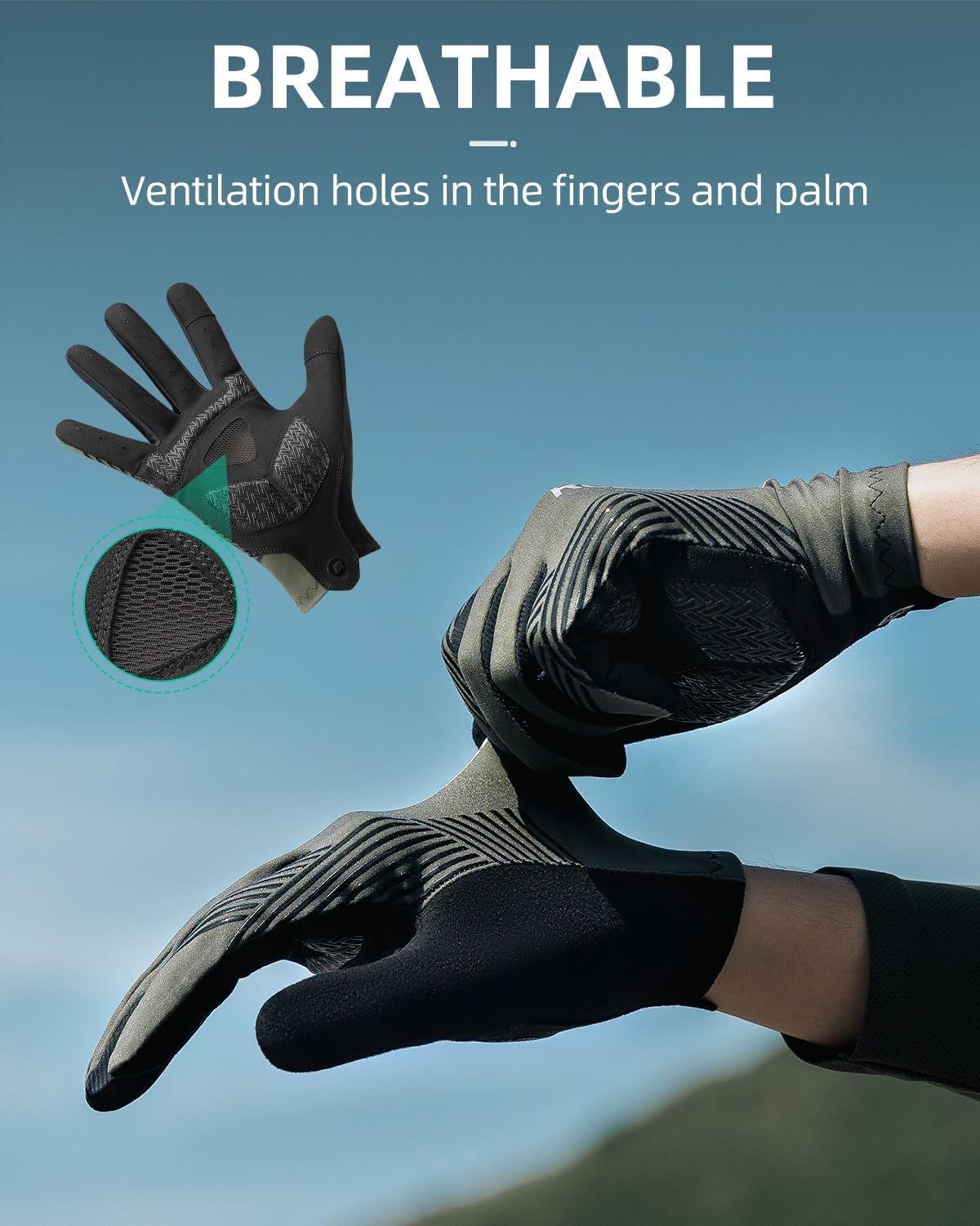 image:imageROCKBROS Cycling Gloves AntiSlip Full Finger SBR Pad ShockAbsorbing Mountain Bike GlovesBreathable Holes Keep Hands Dry Fits Road Trail OffRoad RidingGrey Green