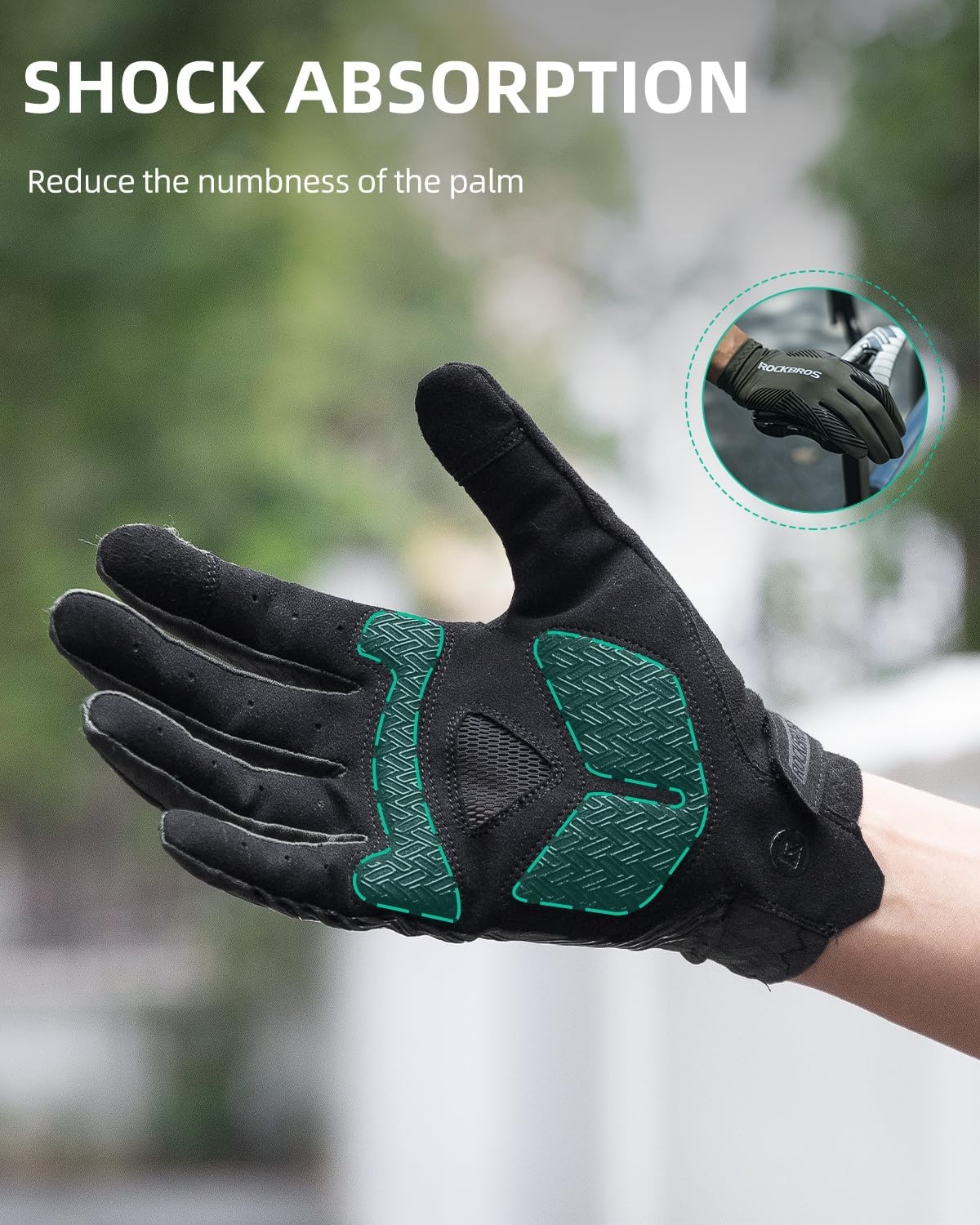 image:imageROCKBROS Cycling Gloves AntiSlip Full Finger SBR Pad ShockAbsorbing Mountain Bike GlovesBreathable Holes Keep Hands Dry Fits Road Trail OffRoad RidingBlack