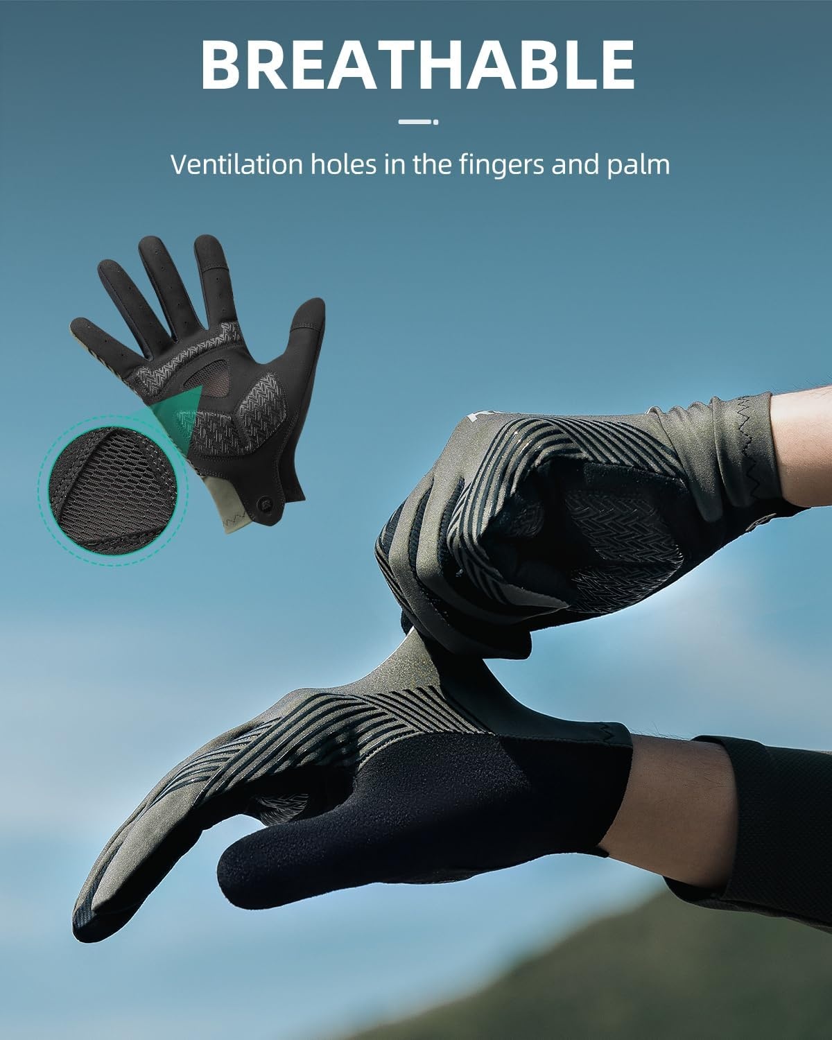 image:imageROCKBROS Cycling Gloves AntiSlip Full Finger SBR Pad ShockAbsorbing Mountain Bike GlovesBreathable Holes Keep Hands Dry Fits Road Trail OffRoad RidingBlack