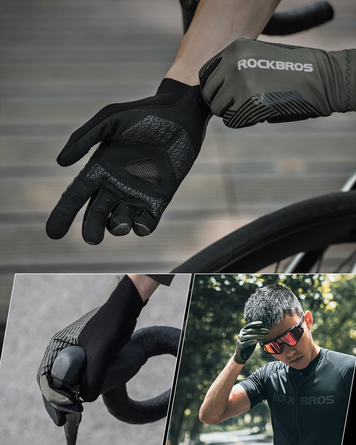 image:imageROCKBROS Cycling Gloves AntiSlip Full Finger SBR Pad ShockAbsorbing Mountain Bike GlovesBreathable Holes Keep Hands Dry Fits Road Trail OffRoad RidingBlack