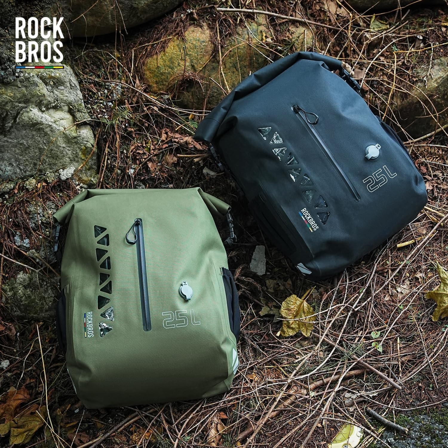 image:imageROCKBROS Bike Panniers 25L Waterproof Roll Top Vacuum Compression Pocket Adjustable Quick ReleaseIdeal for Cycling Touring CommutingBlack1