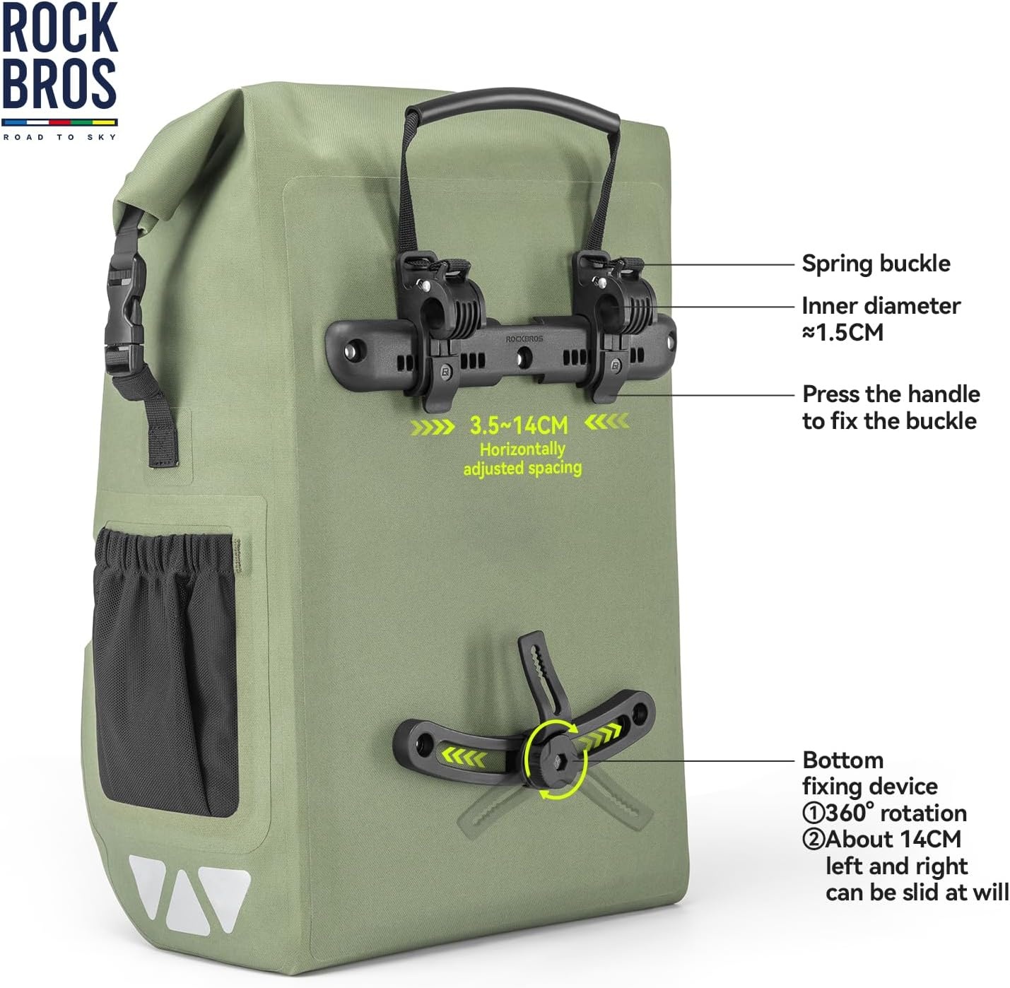 image:imageROCKBROS Bike Panniers 25L Waterproof Roll Top Vacuum Compression Pocket Adjustable Quick ReleaseIdeal for Cycling Touring CommutingGreen1