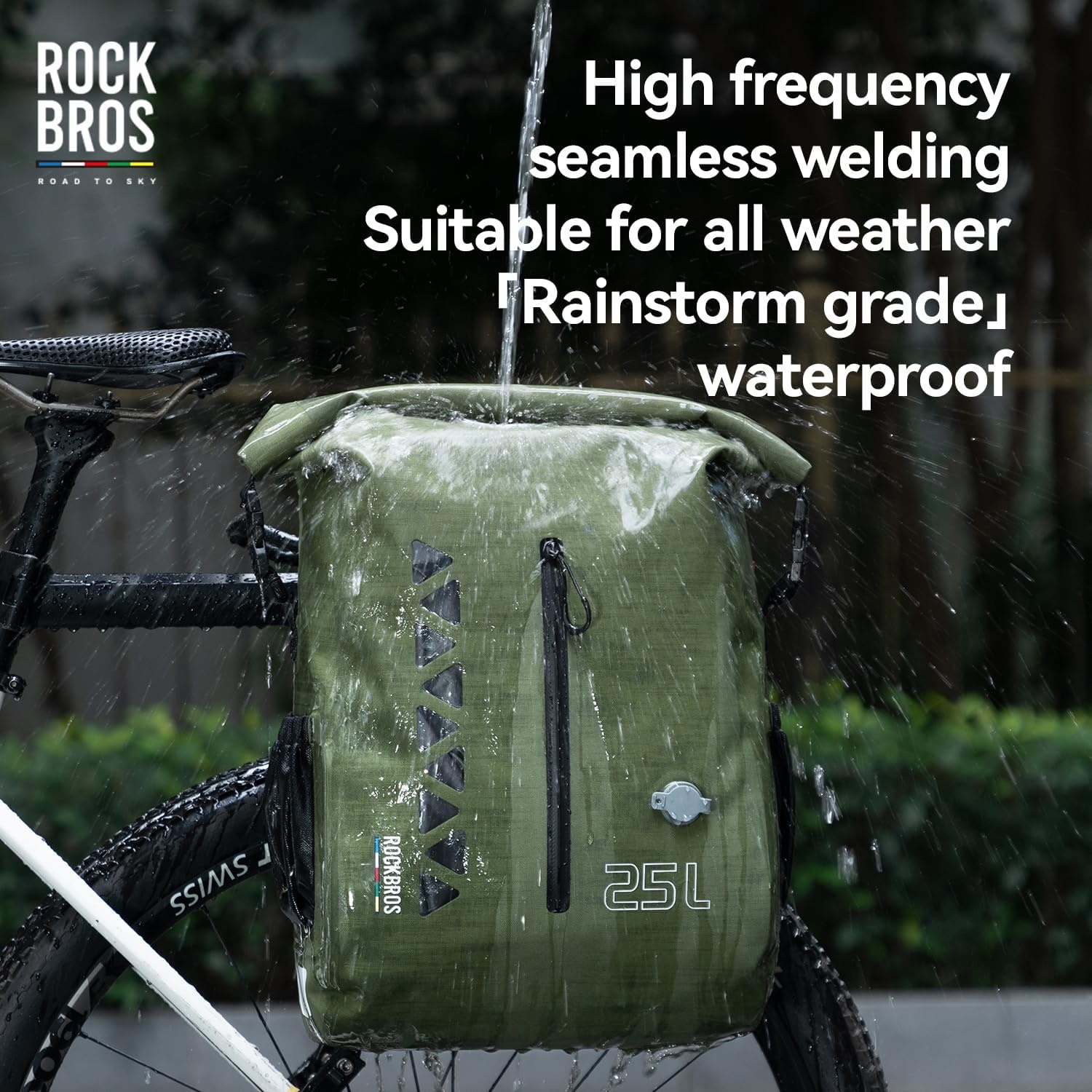 image:imageROCKBROS Bike Panniers 25L Waterproof Roll Top Vacuum Compression Pocket Adjustable Quick ReleaseIdeal for Cycling Touring CommutingGreen1