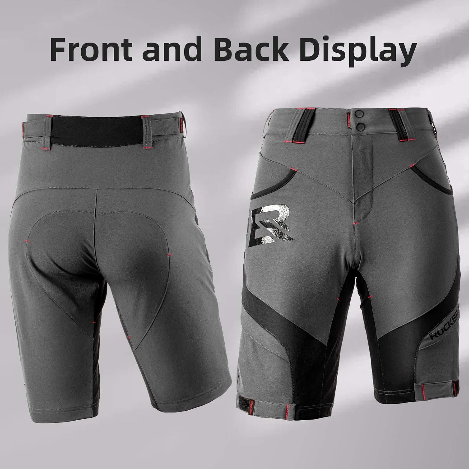 image:imageROCKBROS Mens Mountain Bike Shorts 4D Padded Liner Baggy Cycling Shorts 4D Padded Liner Reduces Riding Pressure with Quickdry Breathable Fabric Adjustable Waist and Zip Pockets for MTB RidesDark Gray