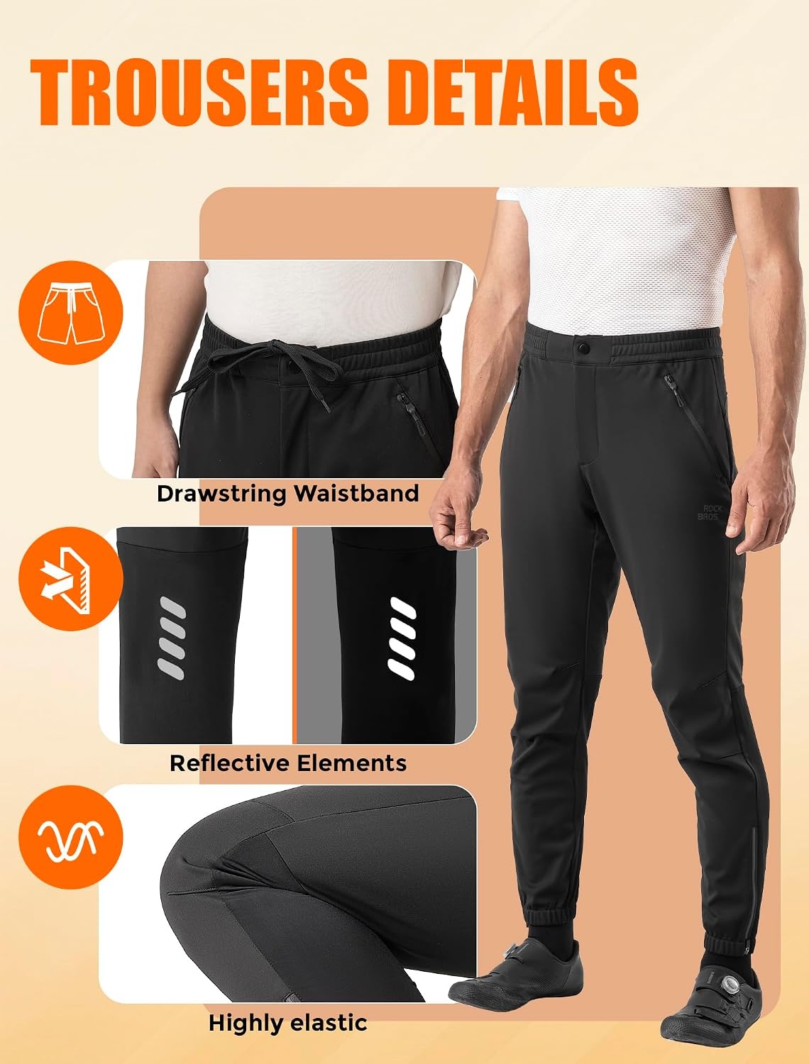 image:imageROCKBROS Mens Winter Cycling Pants Thermal WaterResistant Joggers Fleecelined Warmth Waterresistant Fabric Elastic Waist and Reflective Details for Coldweather CyclingBlack