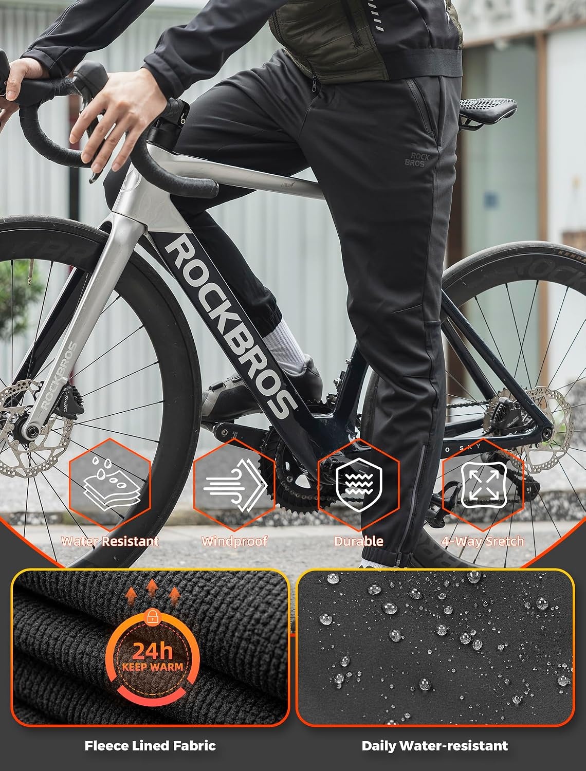 image:imageROCKBROS Mens Winter Cycling Pants Thermal WaterResistant Joggers Fleecelined Warmth Waterresistant Fabric Elastic Waist and Reflective Details for Coldweather CyclingGray