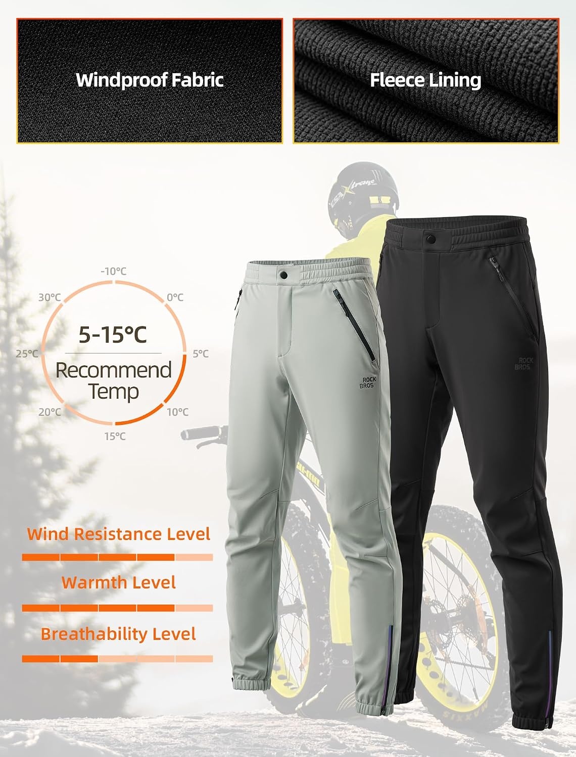 image:imageROCKBROS Mens Winter Cycling Pants Thermal WaterResistant Joggers Fleecelined Warmth Waterresistant Fabric Elastic Waist and Reflective Details for Coldweather CyclingGray