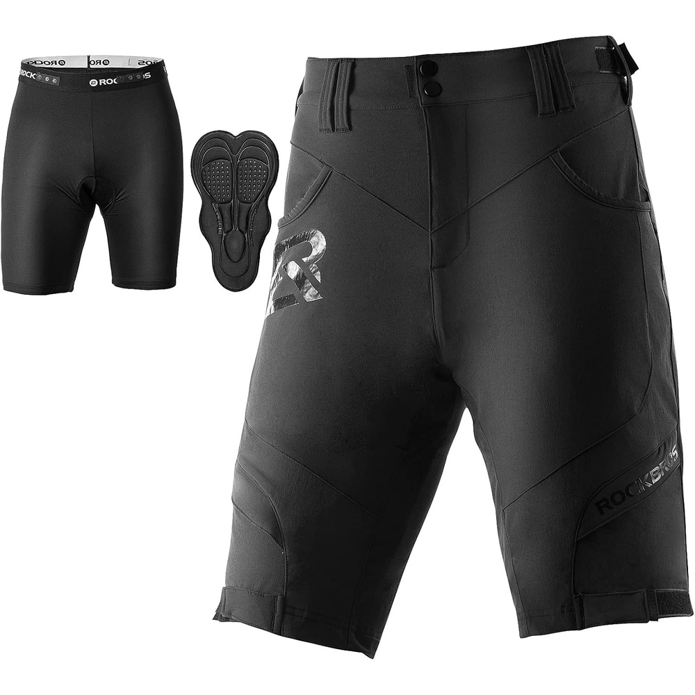 image:imageROCKBROS Mens Mountain Bike Shorts 4D Padded Liner Baggy Cycling Shorts 4D Padded Liner Reduces Riding Pressure with Quickdry Breathable Fabric Adjustable Waist and Zip Pockets for MTB RidesBlack