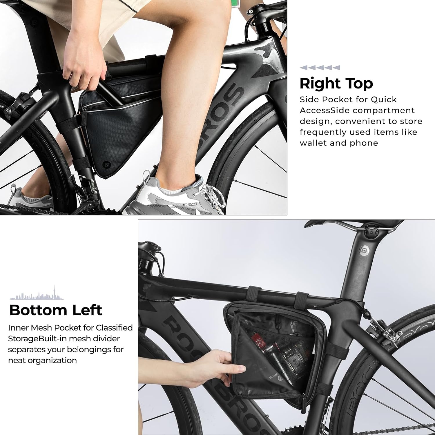 image:imageROCKBROS Bike Triangle Frame Bag Top Tube Bag with Water Bottle Pouch 2L Large Capacity Adjustable Straps MultiPocket Organizer Reflective Strips for Road amp Mountain BikesCity Pattern Black