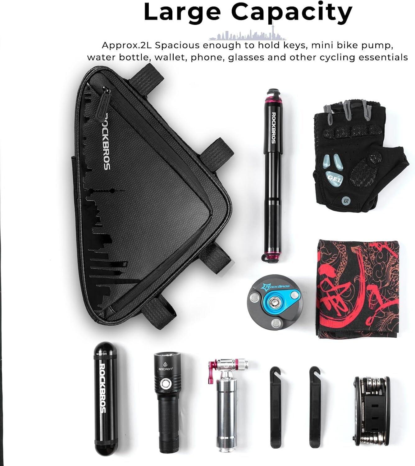 image:imageROCKBROS Bike Triangle Frame Bag Top Tube Bag with Water Bottle Pouch 2L Large Capacity Adjustable Straps MultiPocket Organizer Reflective Strips for Road amp Mountain BikesClashing Geometry Black Blue