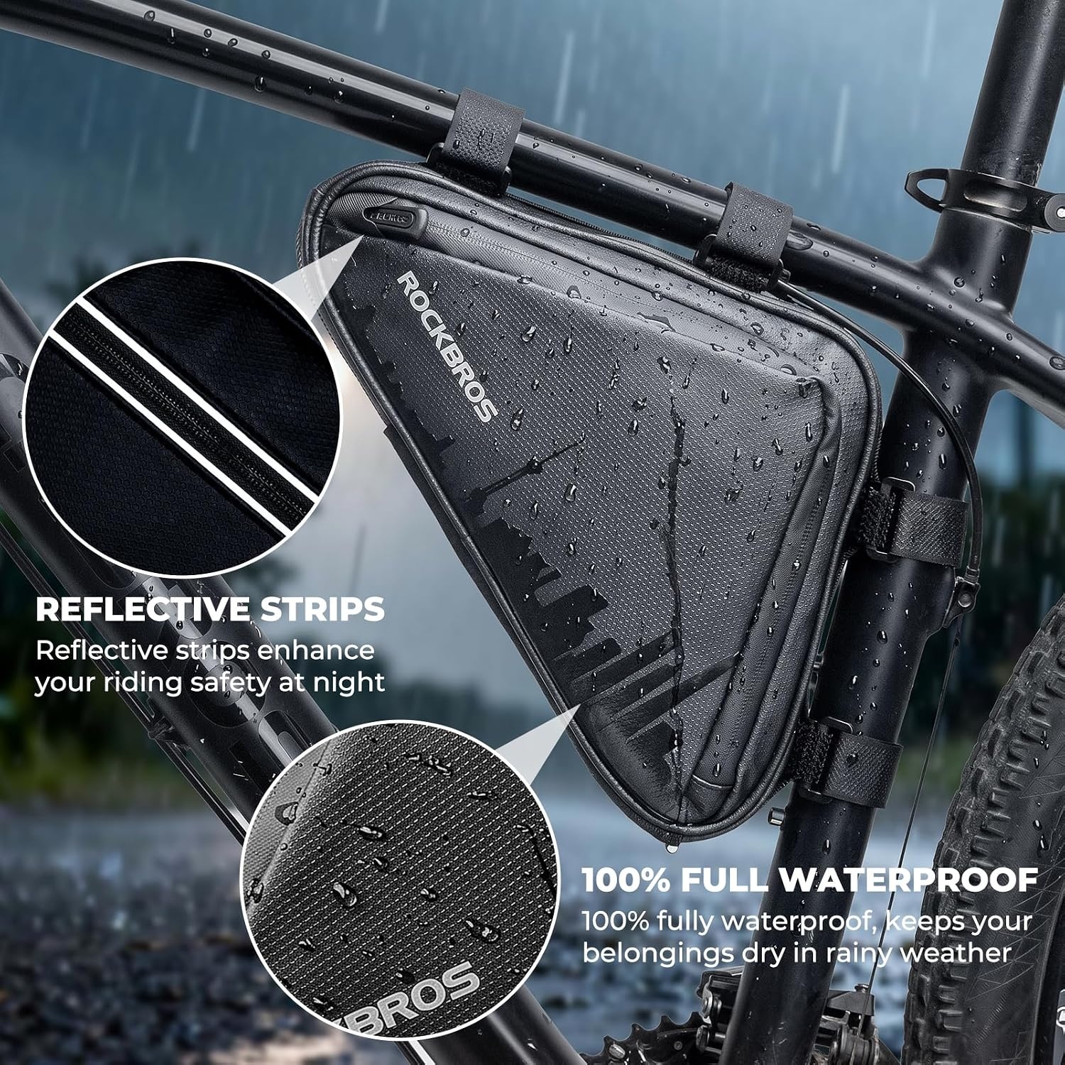 image:imageROCKBROS Bike Triangle Frame Bag Top Tube Bag with Water Bottle Pouch 2L Large Capacity Adjustable Straps MultiPocket Organizer Reflective Strips for Road amp Mountain BikesClashing Geometry Black Blue