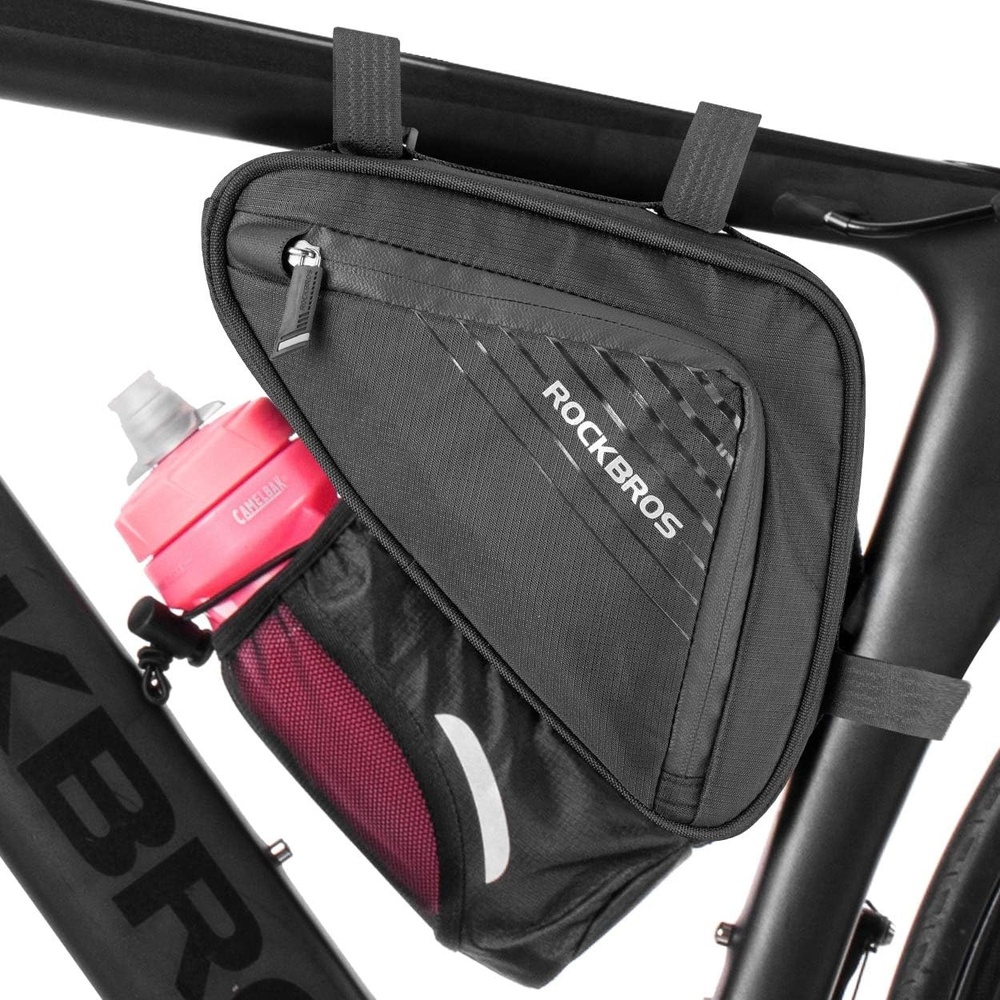 image:imageROCKBROS Bike Triangle Frame Bag Top Tube Bag with Water Bottle Pouch 2L Large Capacity Adjustable Straps MultiPocket Organizer Reflective Strips for Road amp Mountain BikesBlack