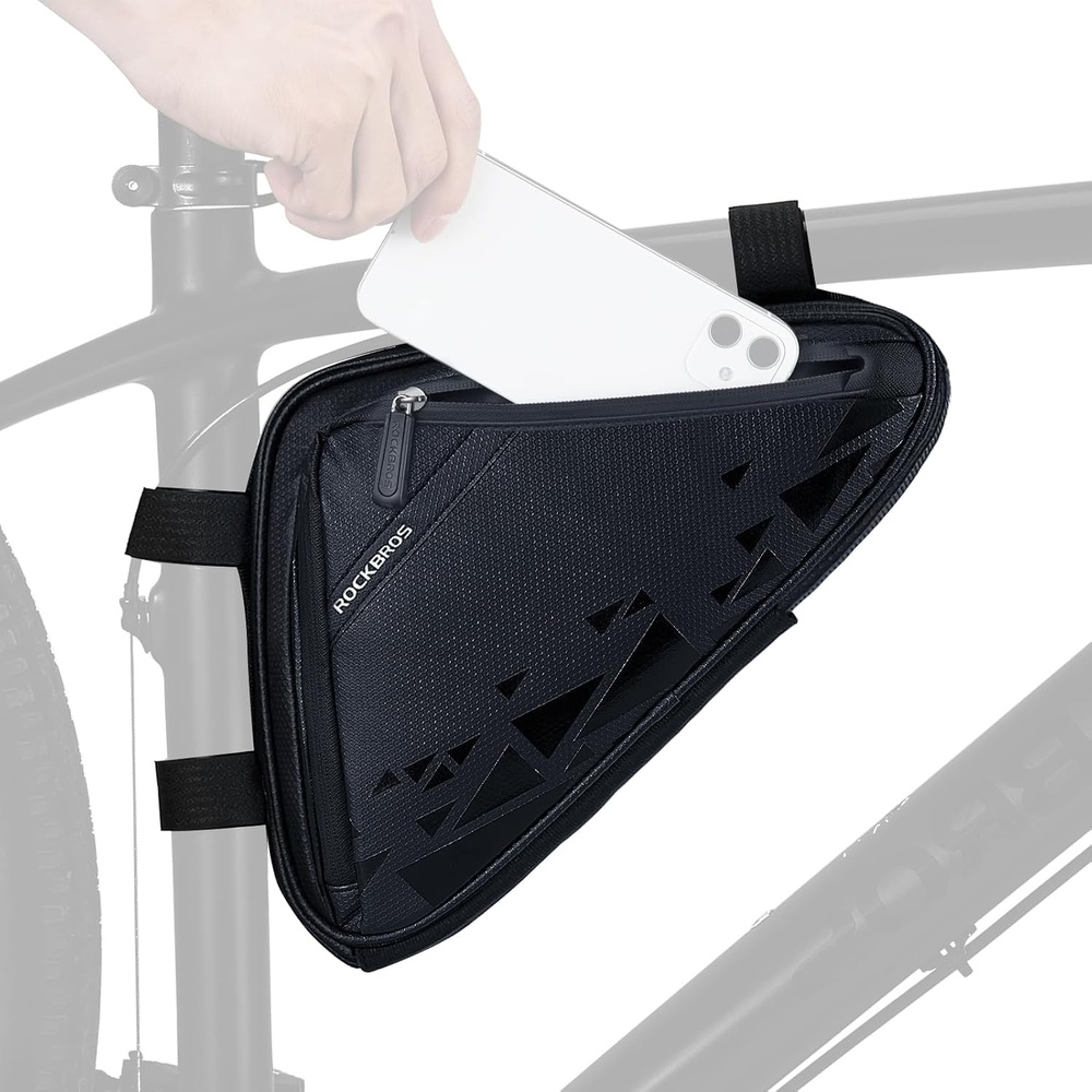 image:imageROCKBROS Bike Triangle Frame Bag Top Tube Bag with Water Bottle Pouch 2L Large Capacity Adjustable Straps MultiPocket Organizer Reflective Strips for Road amp Mountain BikesClashing Geometry Black Blue