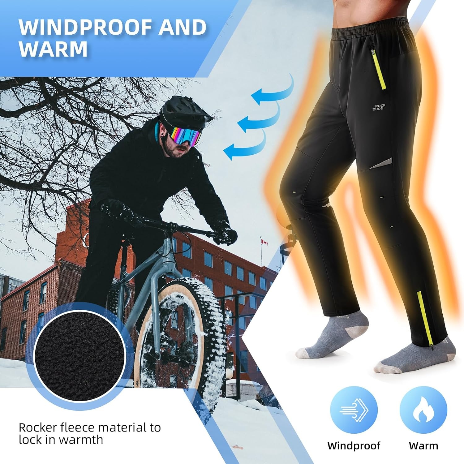 image:imageROCKBROS Mens Thermal Cycling Pants Fleece Lined Winter Bike Tights Windproof Fleece Lining Keeps You Warm with Zip Pockets Adjustable Waistband and Ankle Zips for Cycling and Outdoor UseBlack