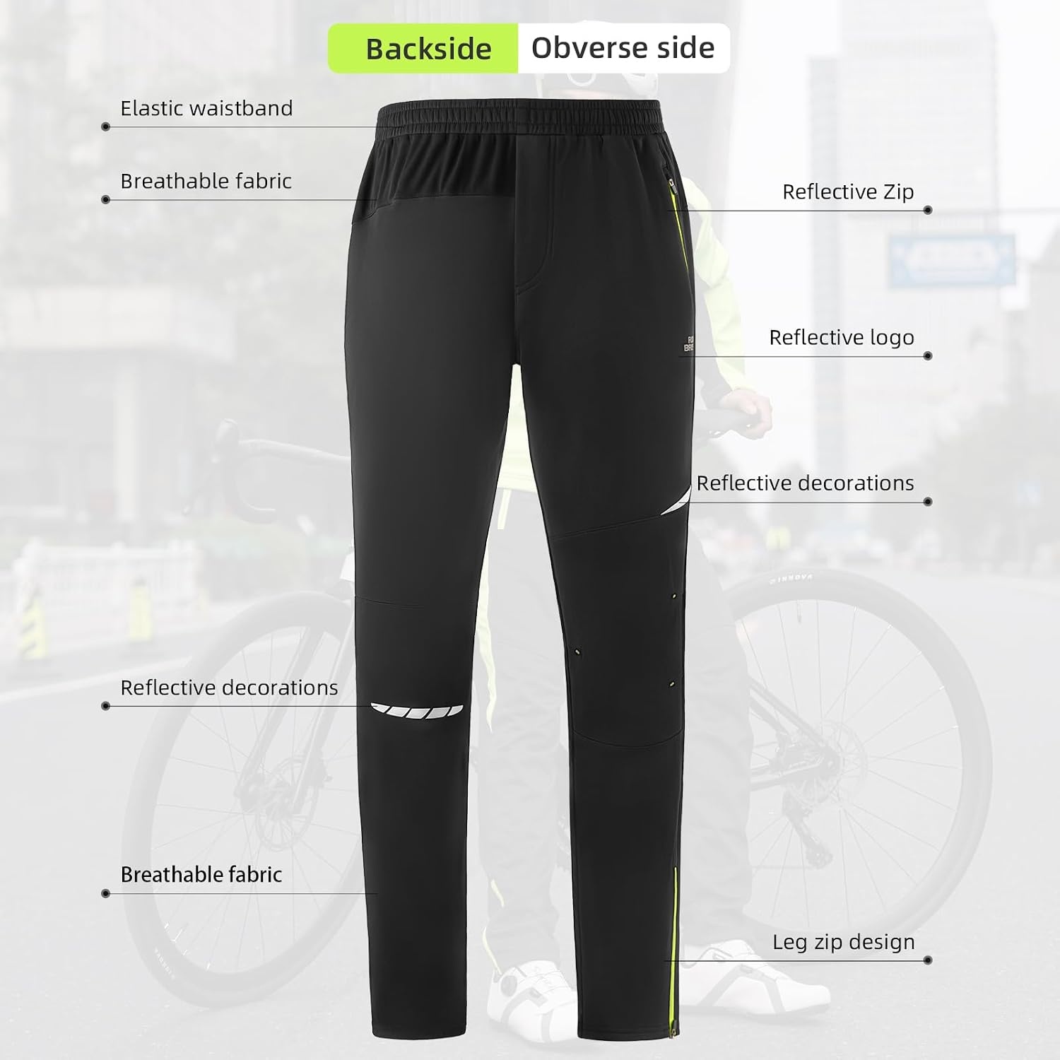 image:imageROCKBROS Mens Winter Cycling Pants Thermal Windproof Bike Tights Honeycomb Fleece Lining Windproof Stretch Fabric Zip Pockets Adjustable Ankle Zips and Drawstring Waist for Winter Rides